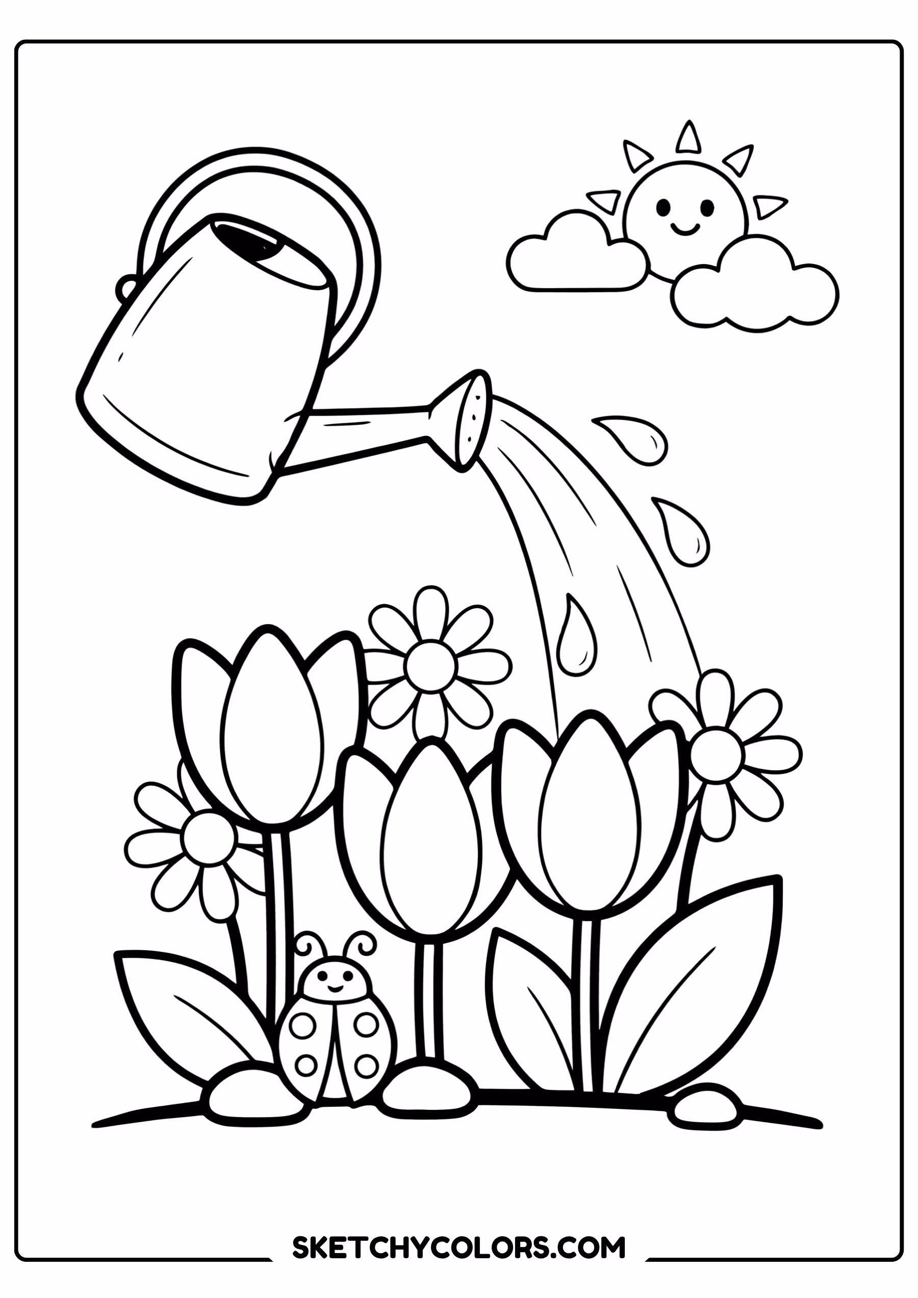 spring coloring page watering can blooming flowers free printable pdf