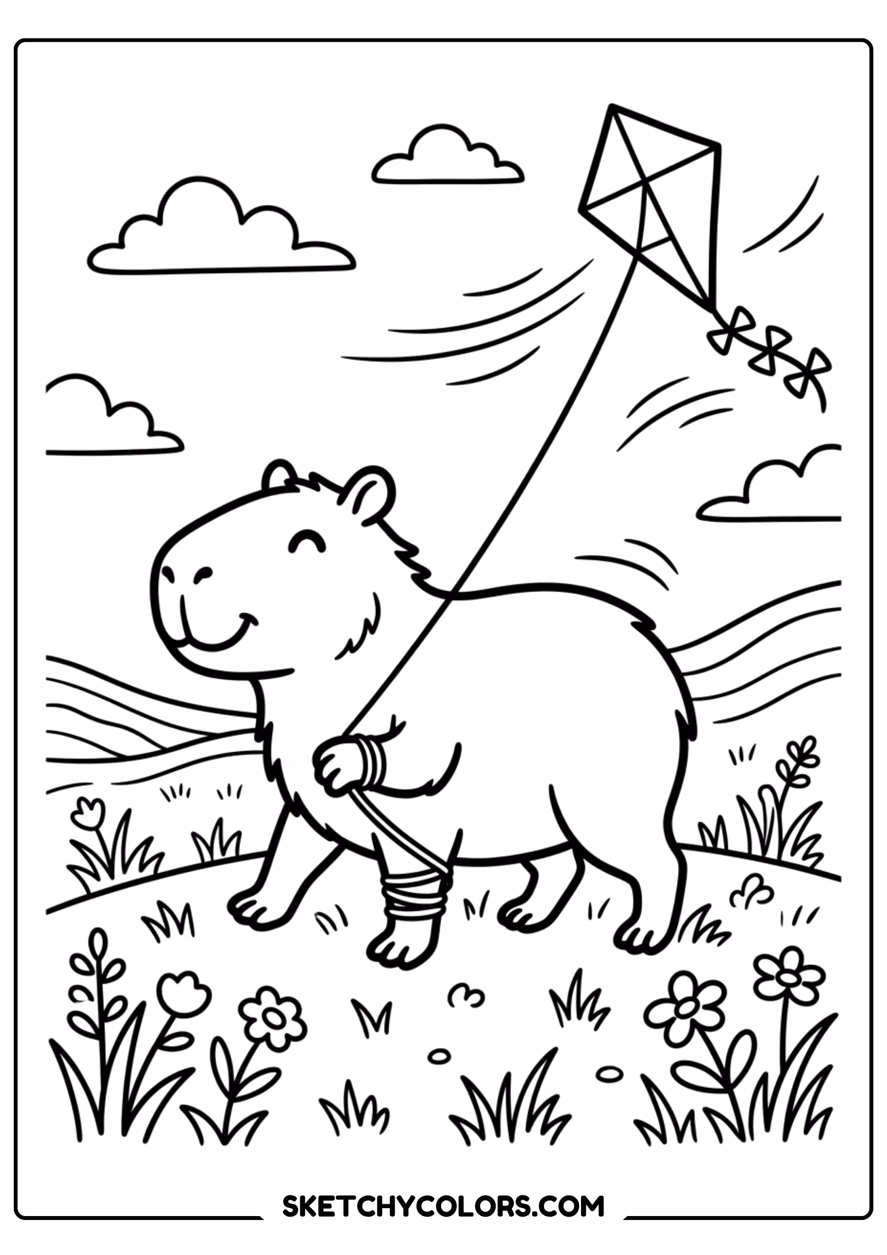 capybara flying kite sky free printable coloring page for kids