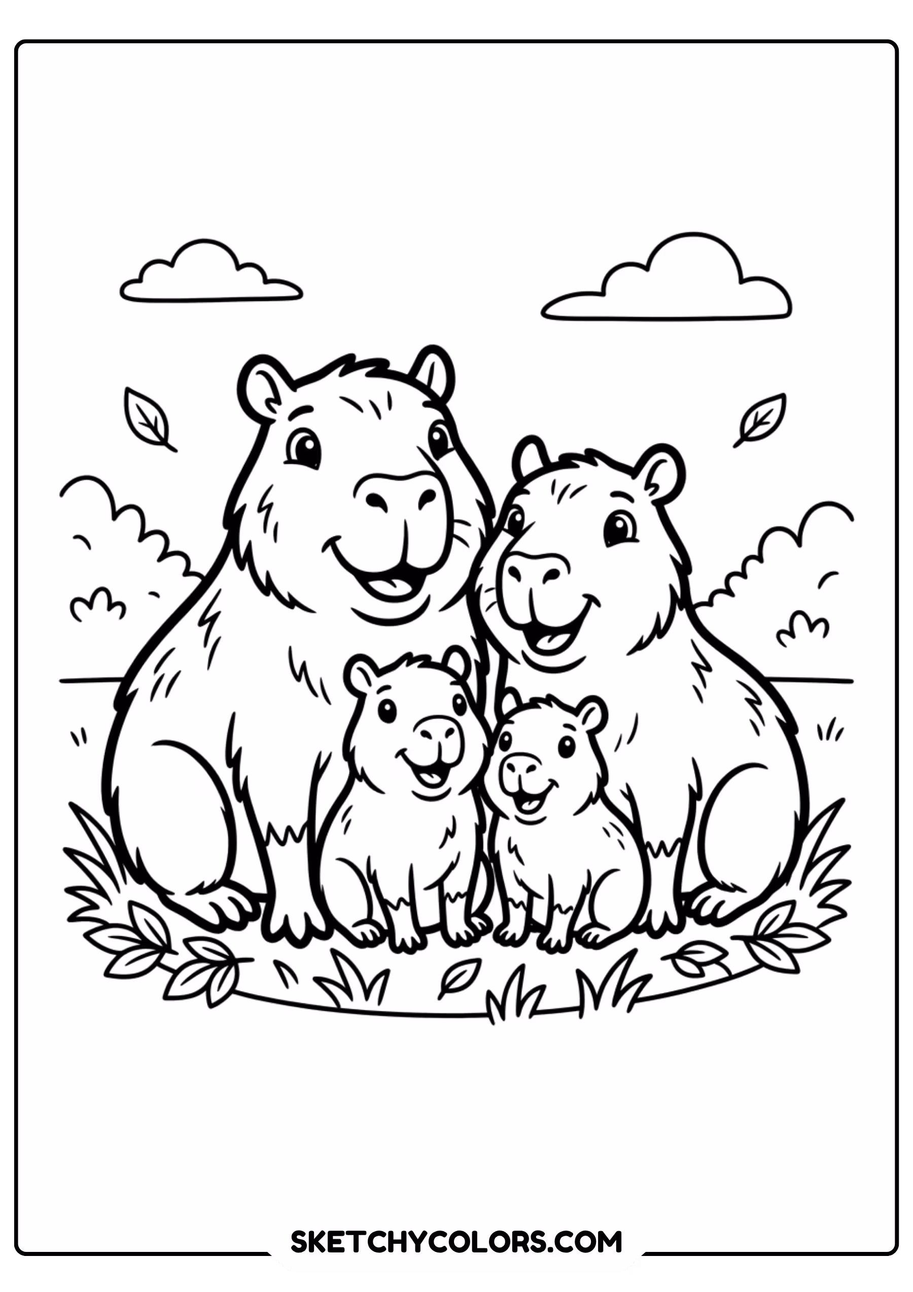 capybara family portrait free printable coloring page for kids