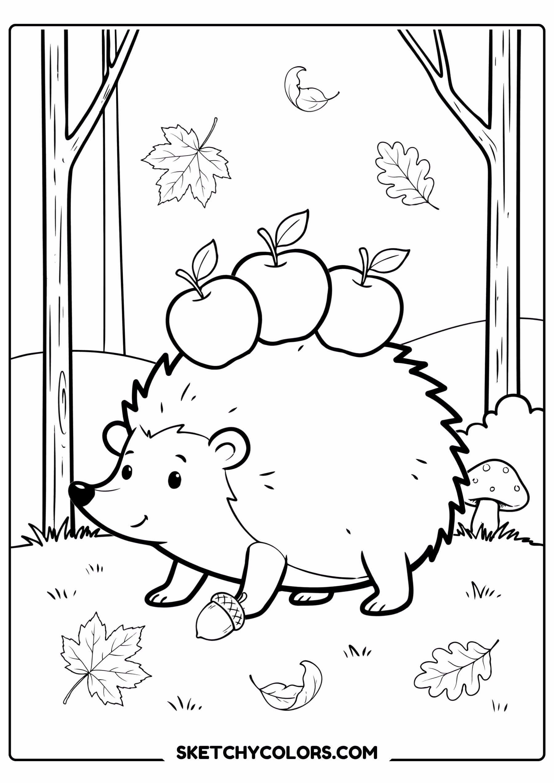 autumn coloring page hedgehog apples autumn leaves free printable for kids