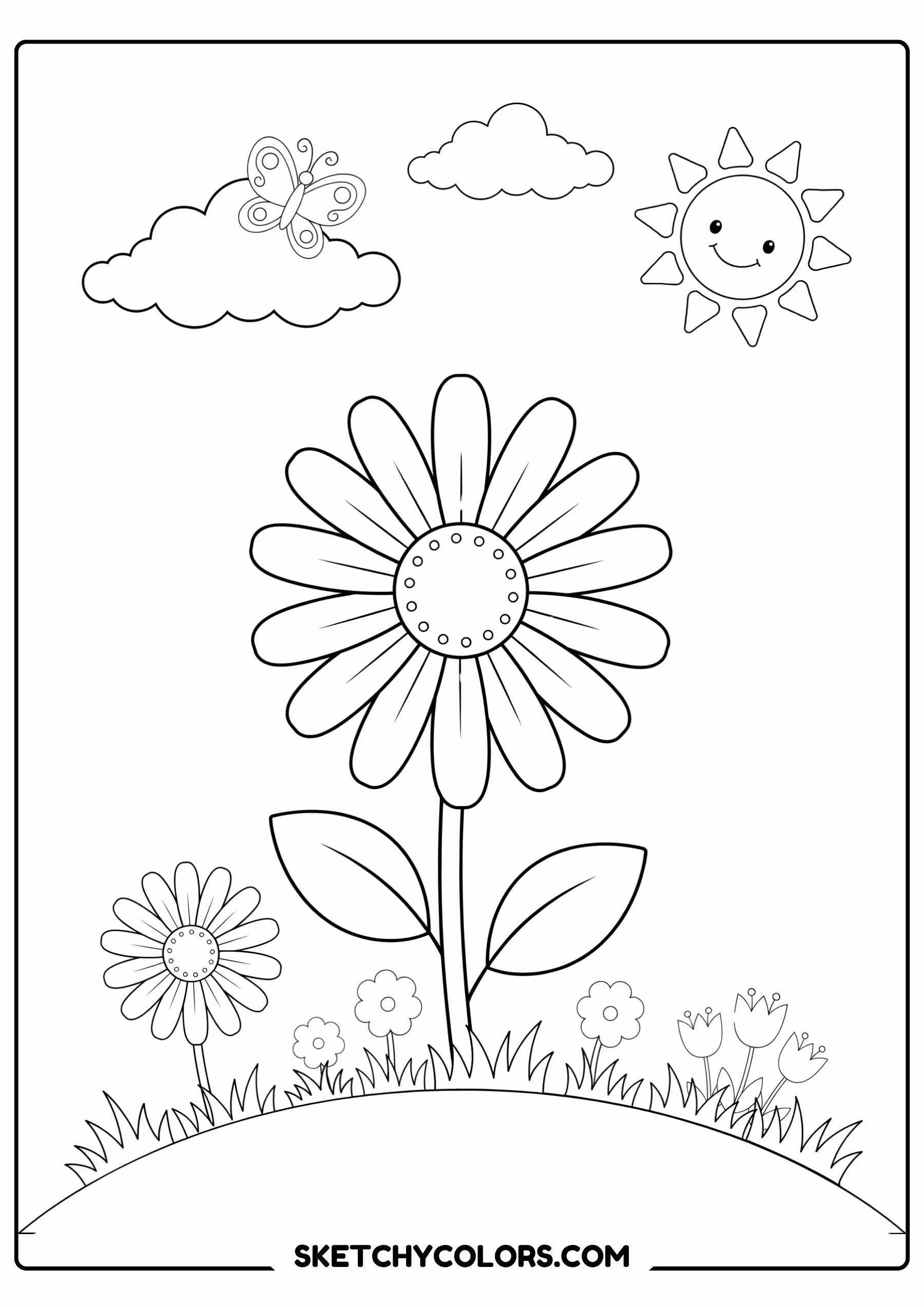 daisy coloring page daisy sunny meadow sun clouds free printable for kids