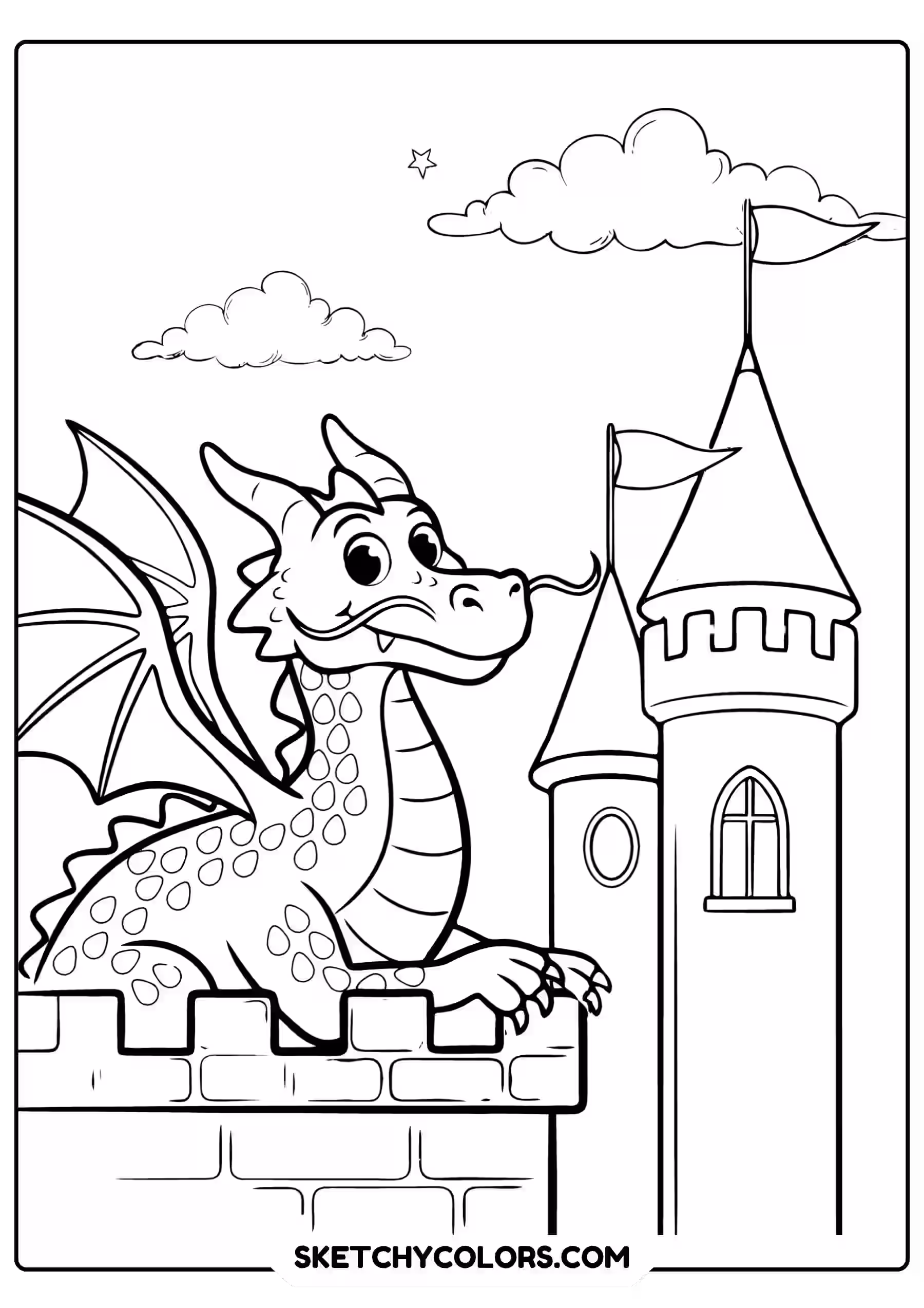 dragon coloring page guarding castle towers flags free printable for kids