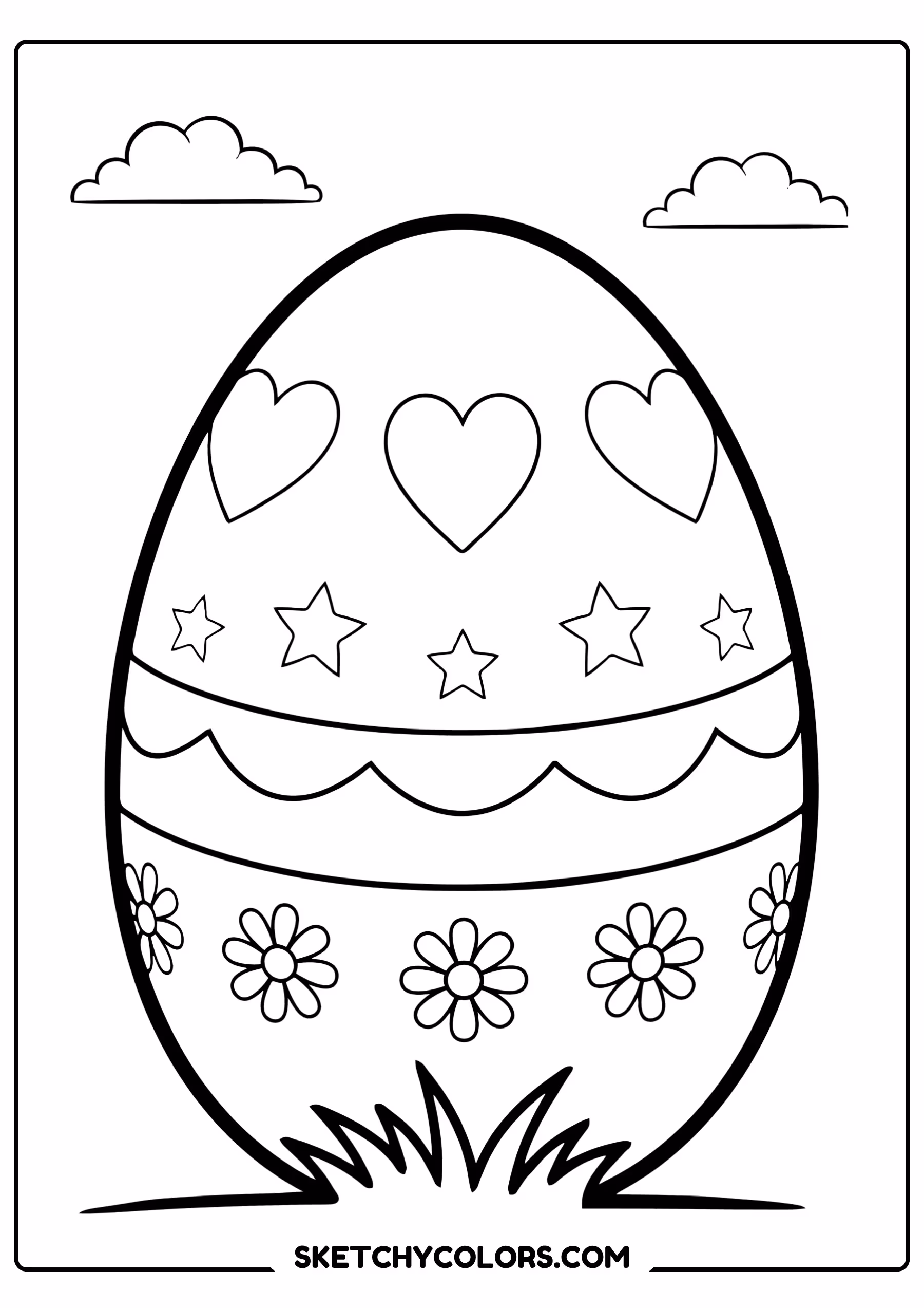 easter coloring page decorated giant egg hearts free printable for kids