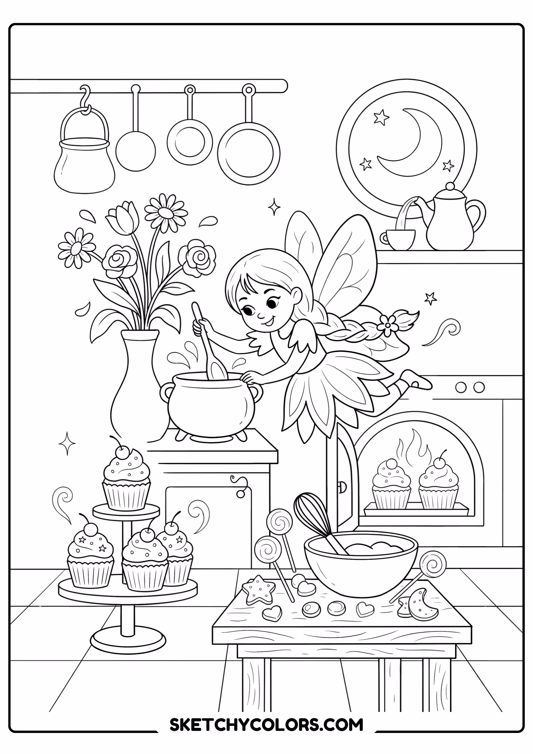 fairy coloring page baking cupcakes fairy tale kitchen sparkles free printable for kids