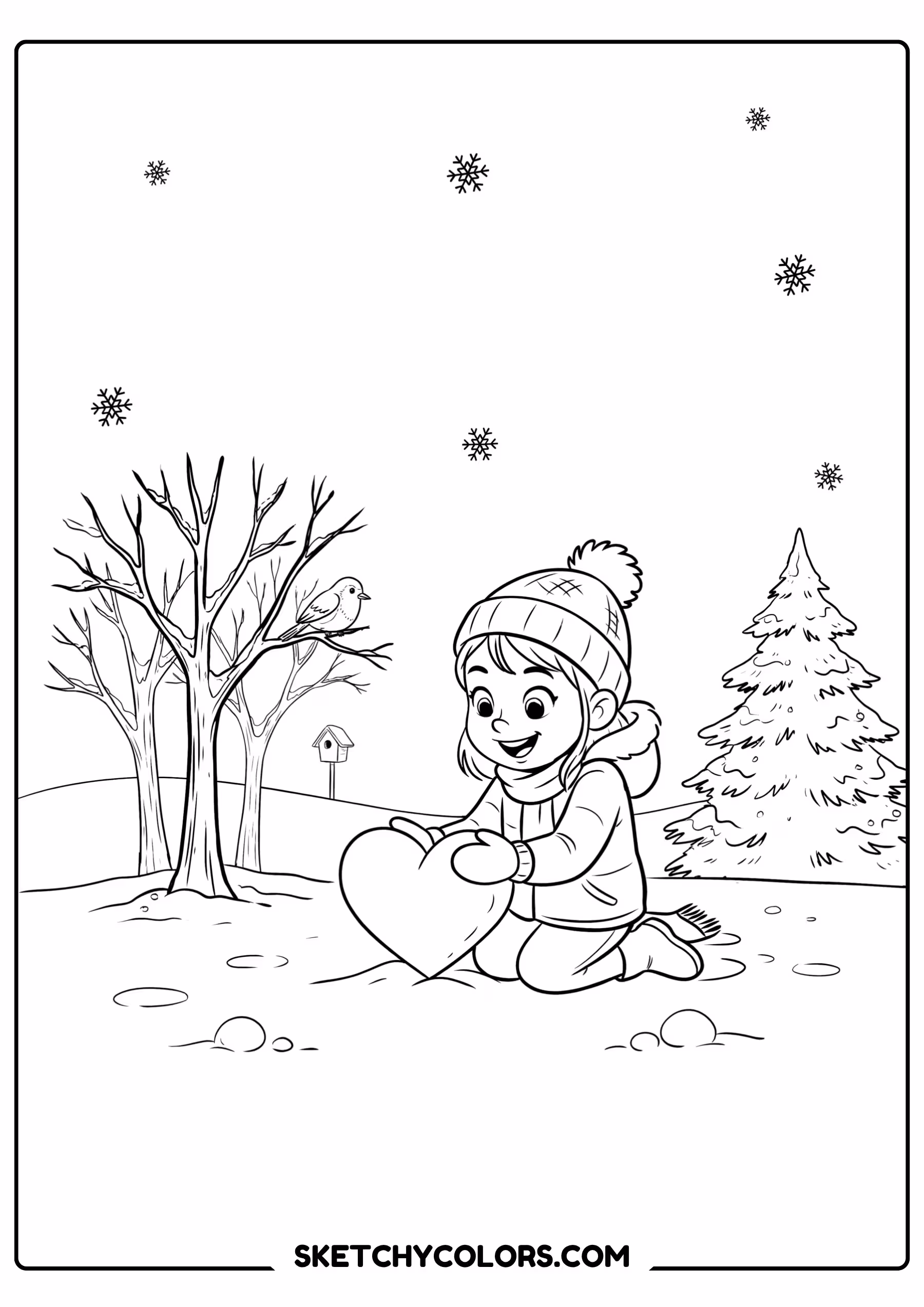 february coloring page girl snow heart free printable for kids