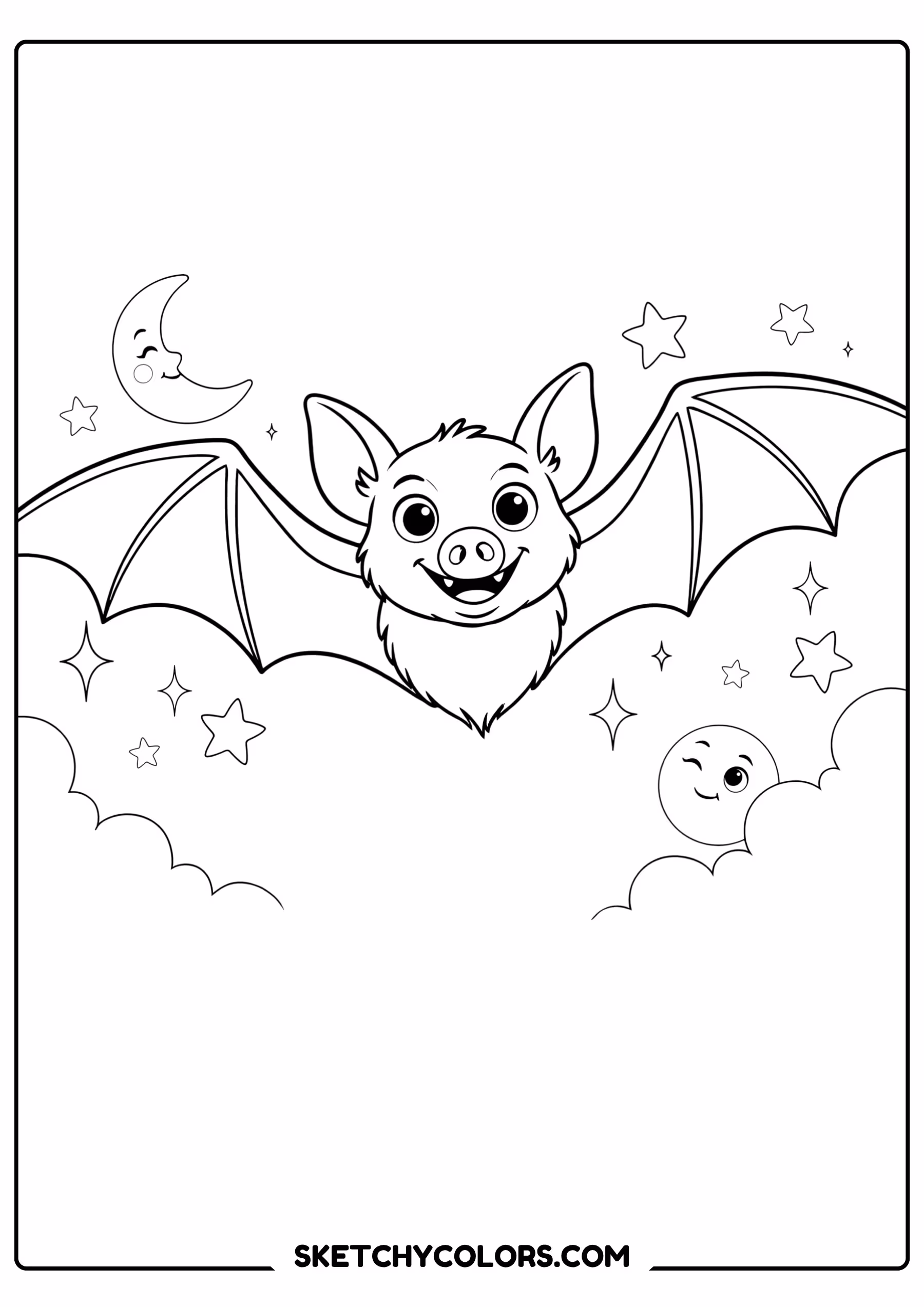 halloween coloring page smiling bat wings stars free printable for kids