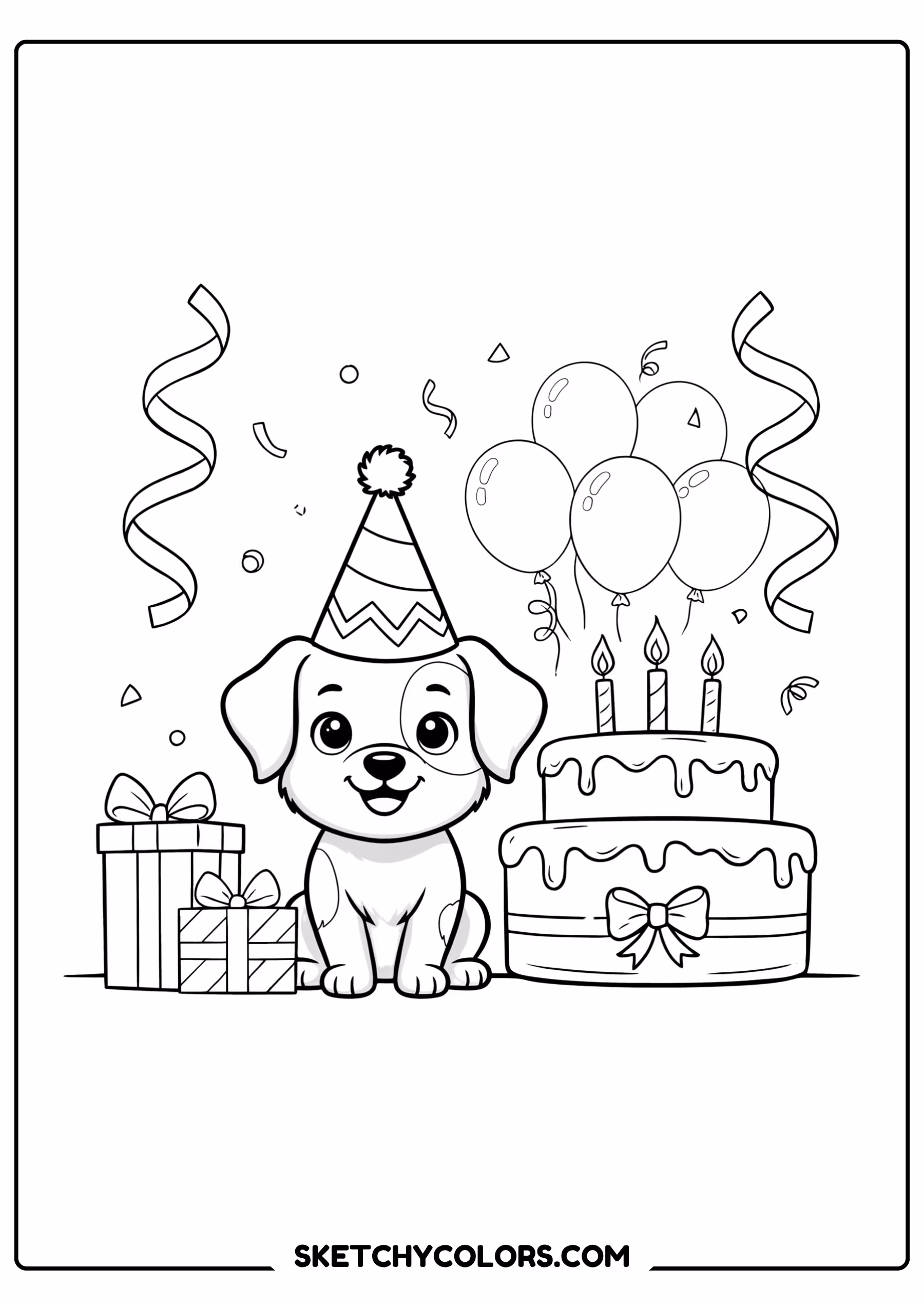 happy birthday coloring page puppy hat birthday cake free printable for kids