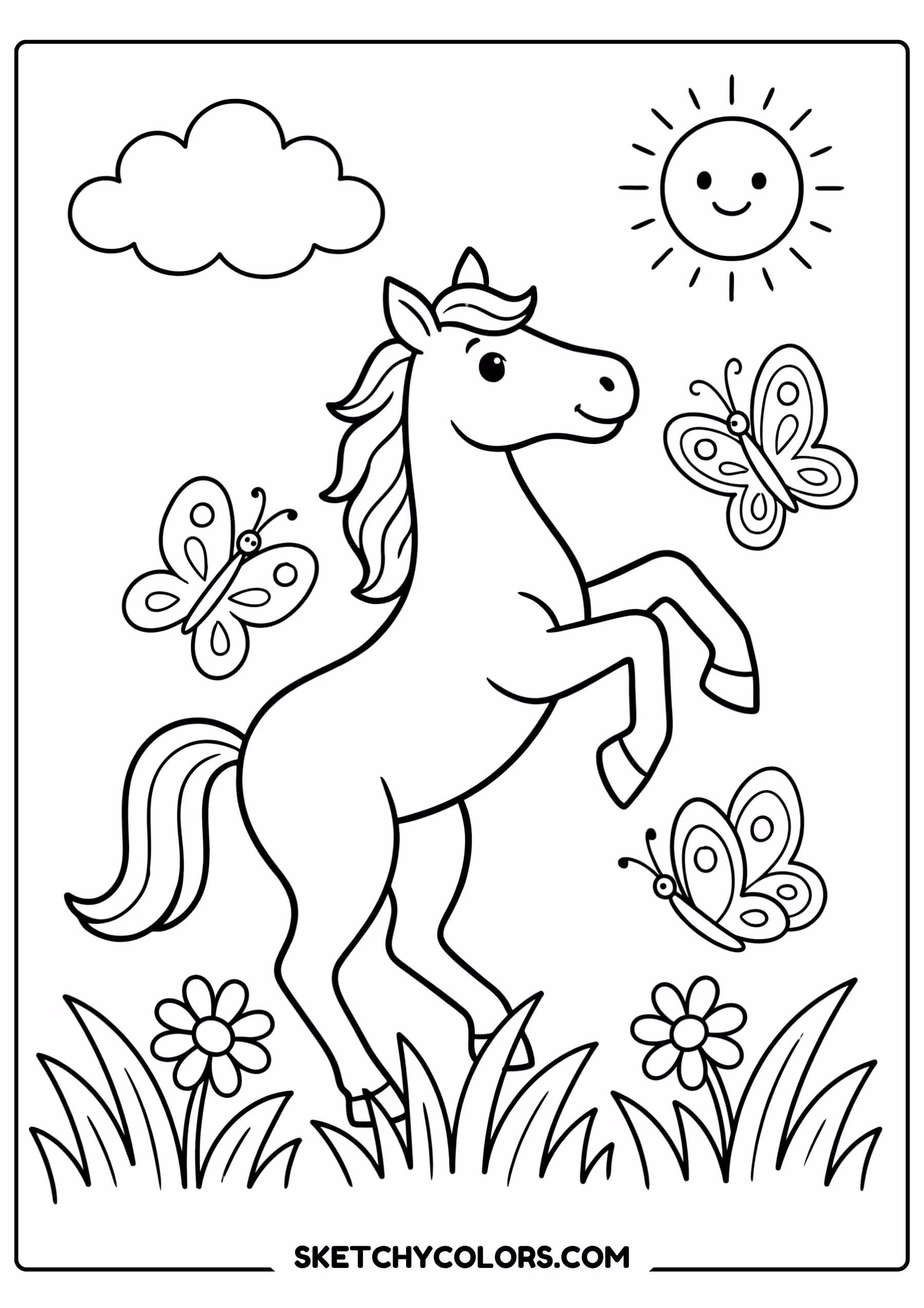 horse coloring page running butterflies meadow free printable for kids