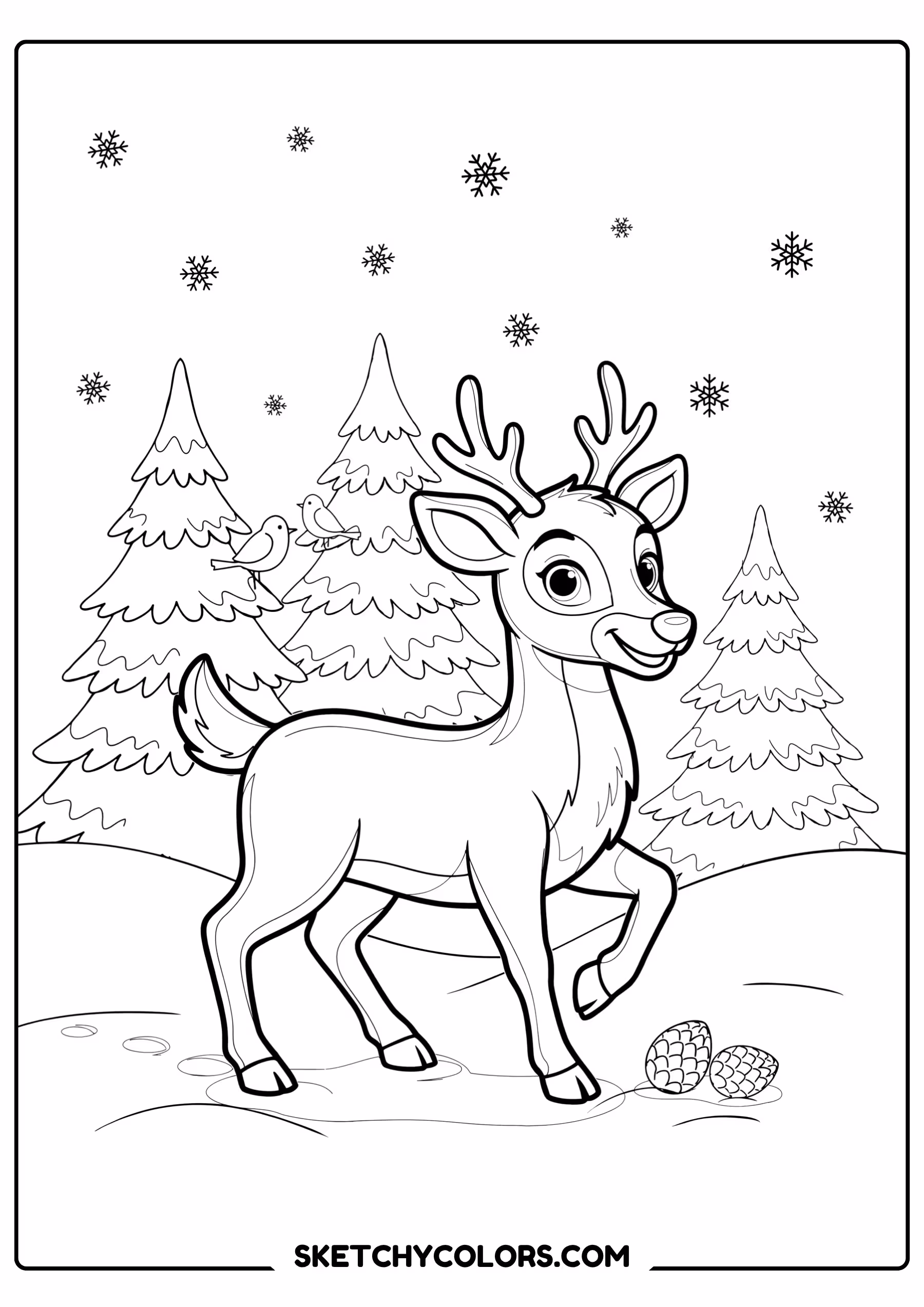 january coloring page deer snowy forest free printable for kids