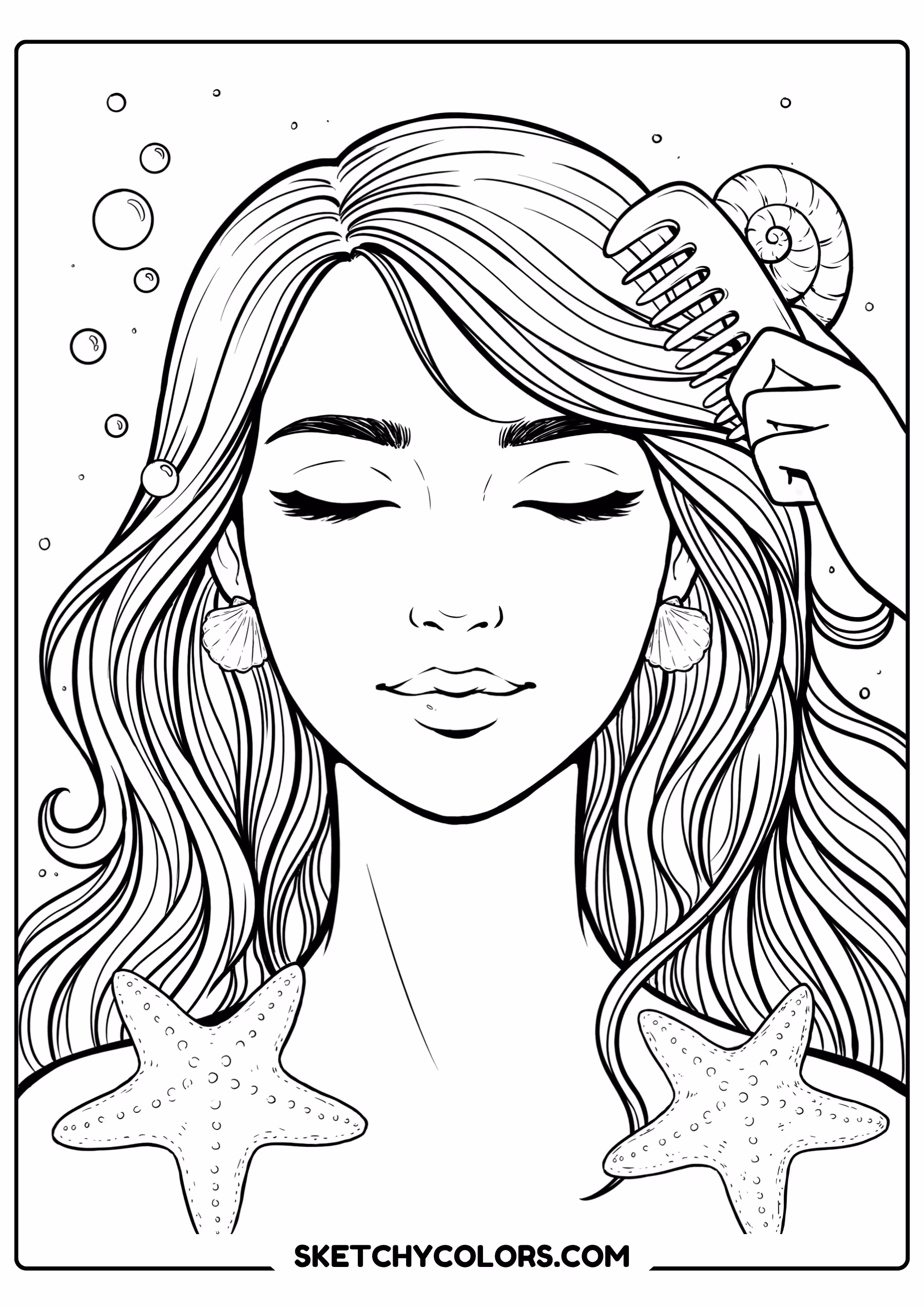 mermaid coloring page brushing hair seashell comb starfish free printable for kids