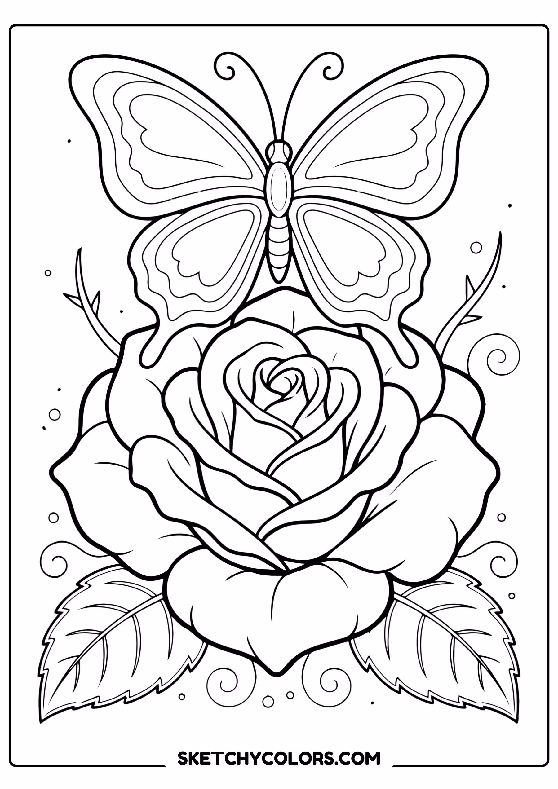 rose coloring page butterfly resting rose bloom free printable for kids