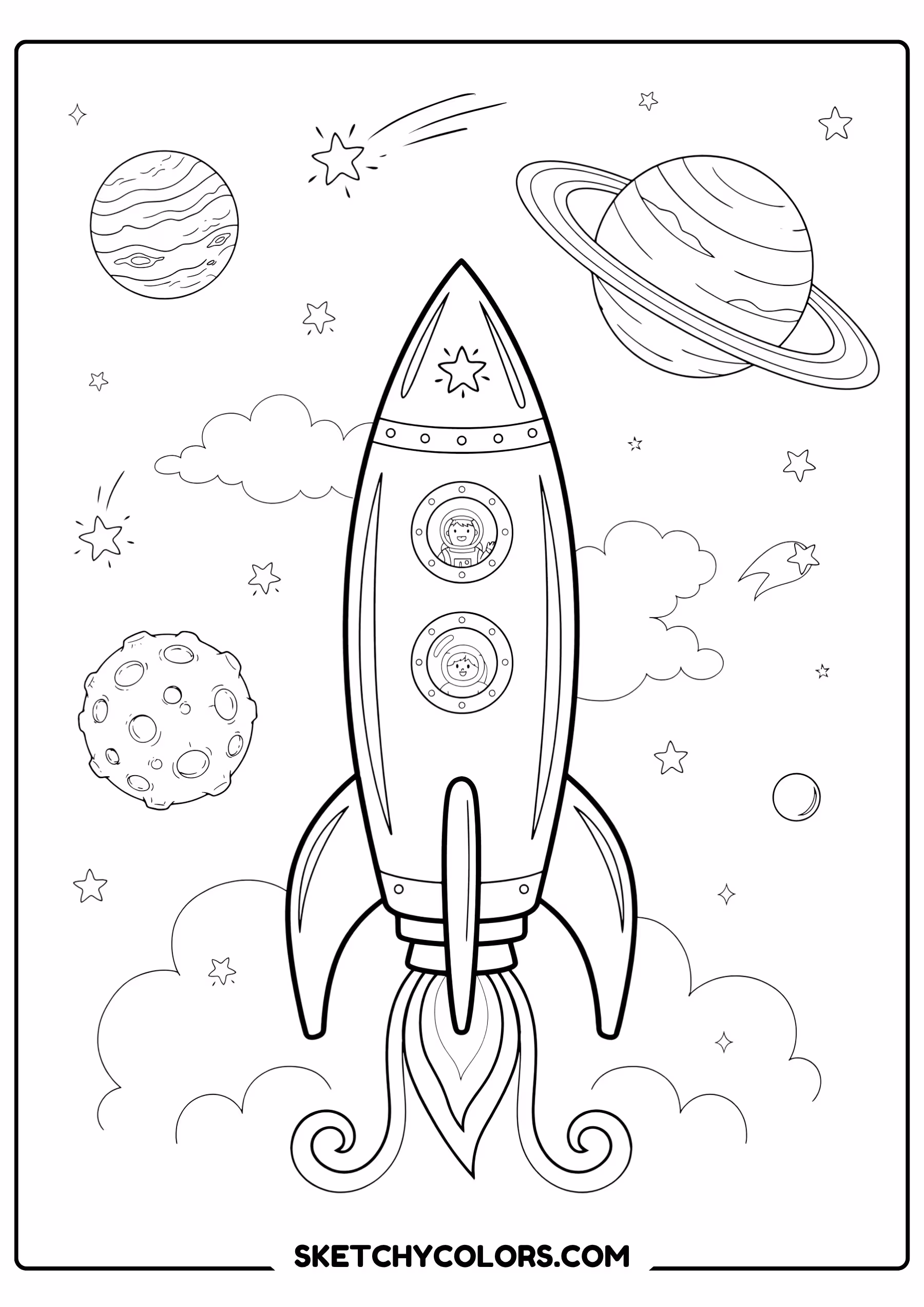 solar system coloring page rocket ship planets free printable for kids