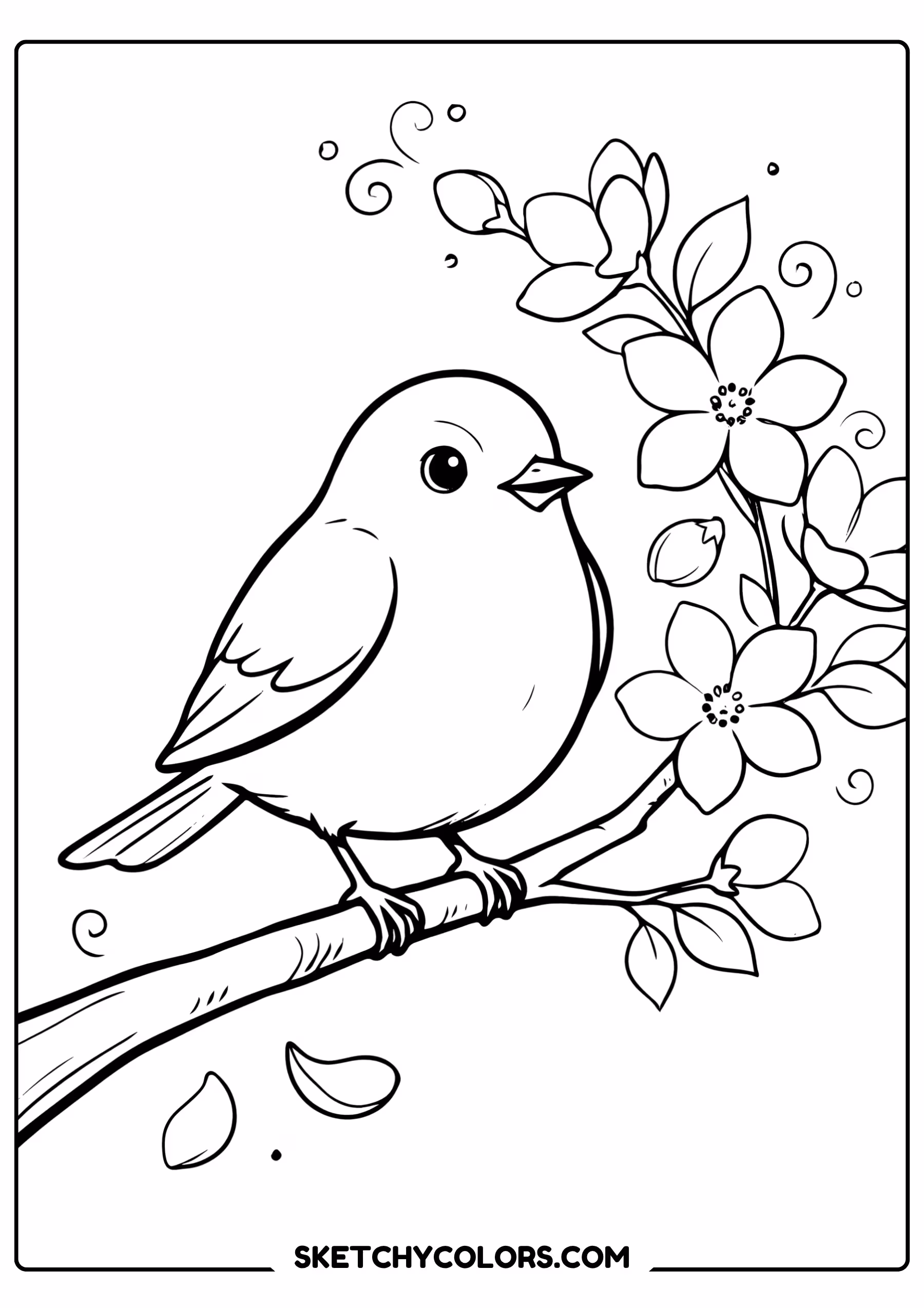 spring coloring page robin bird blossom branch free printable for kids