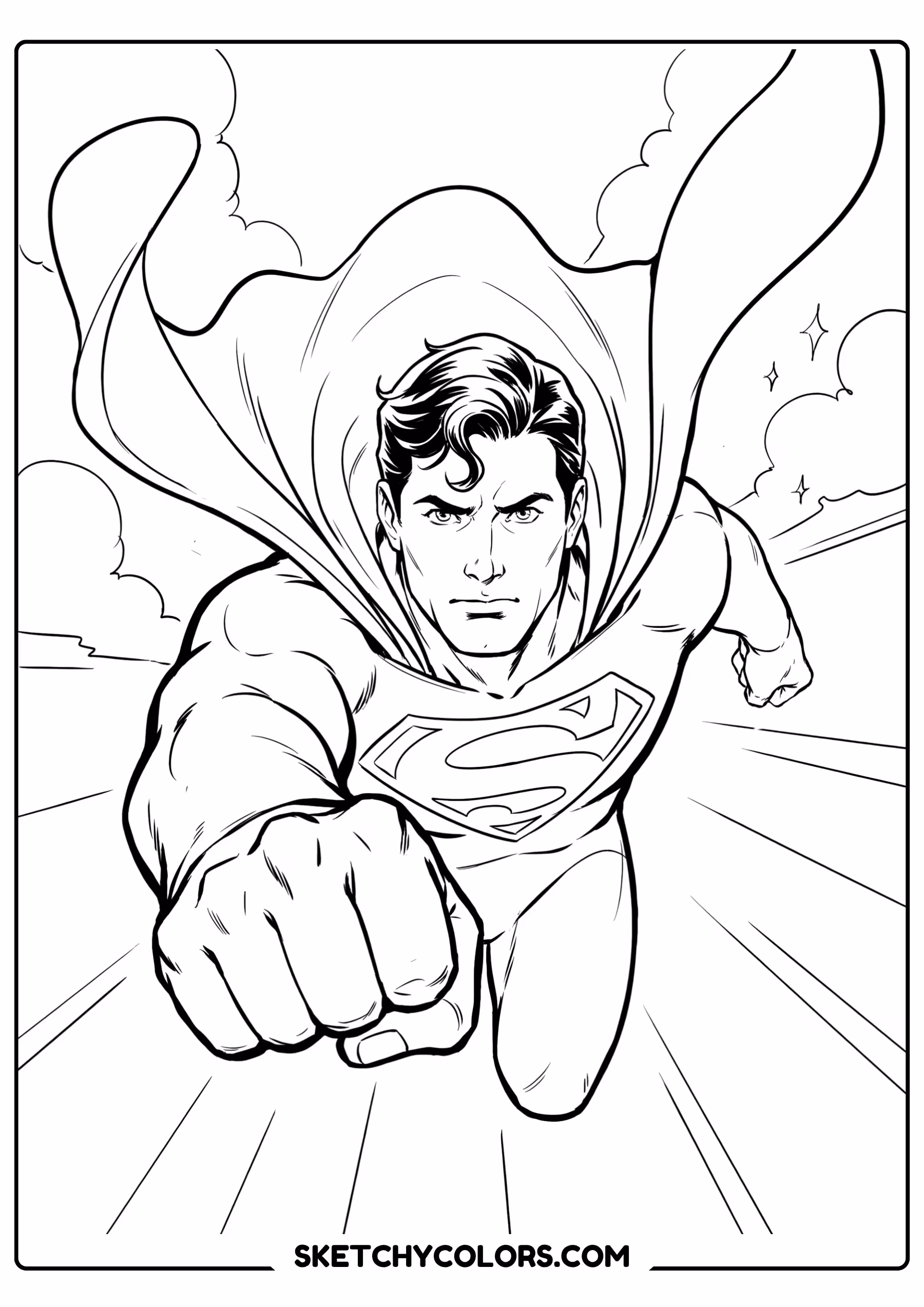 superman flying toward viewer coloring page free printable pdf
