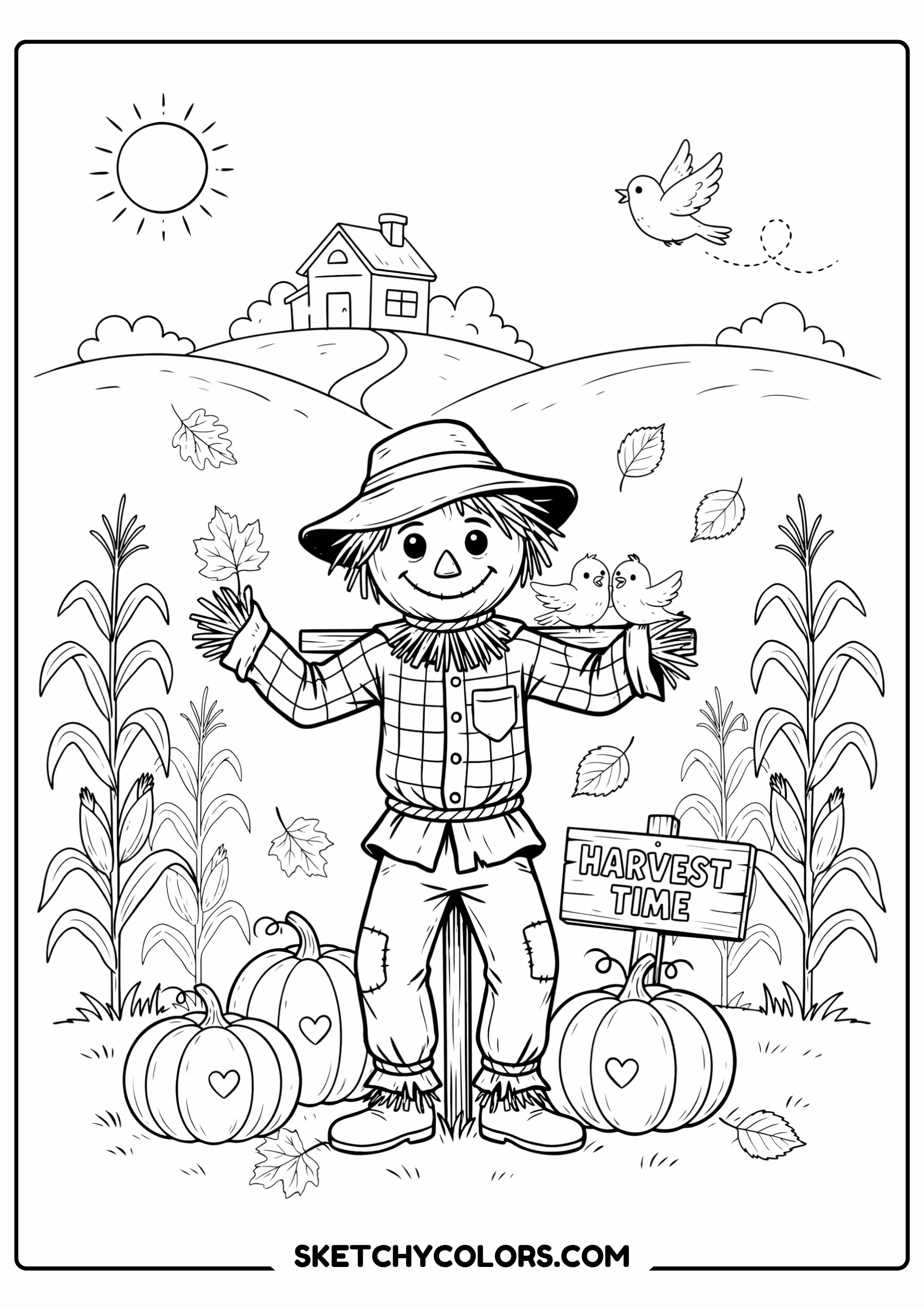 thanksgiving coloring page scarecrow pumpkin patch leaves free printable for kids