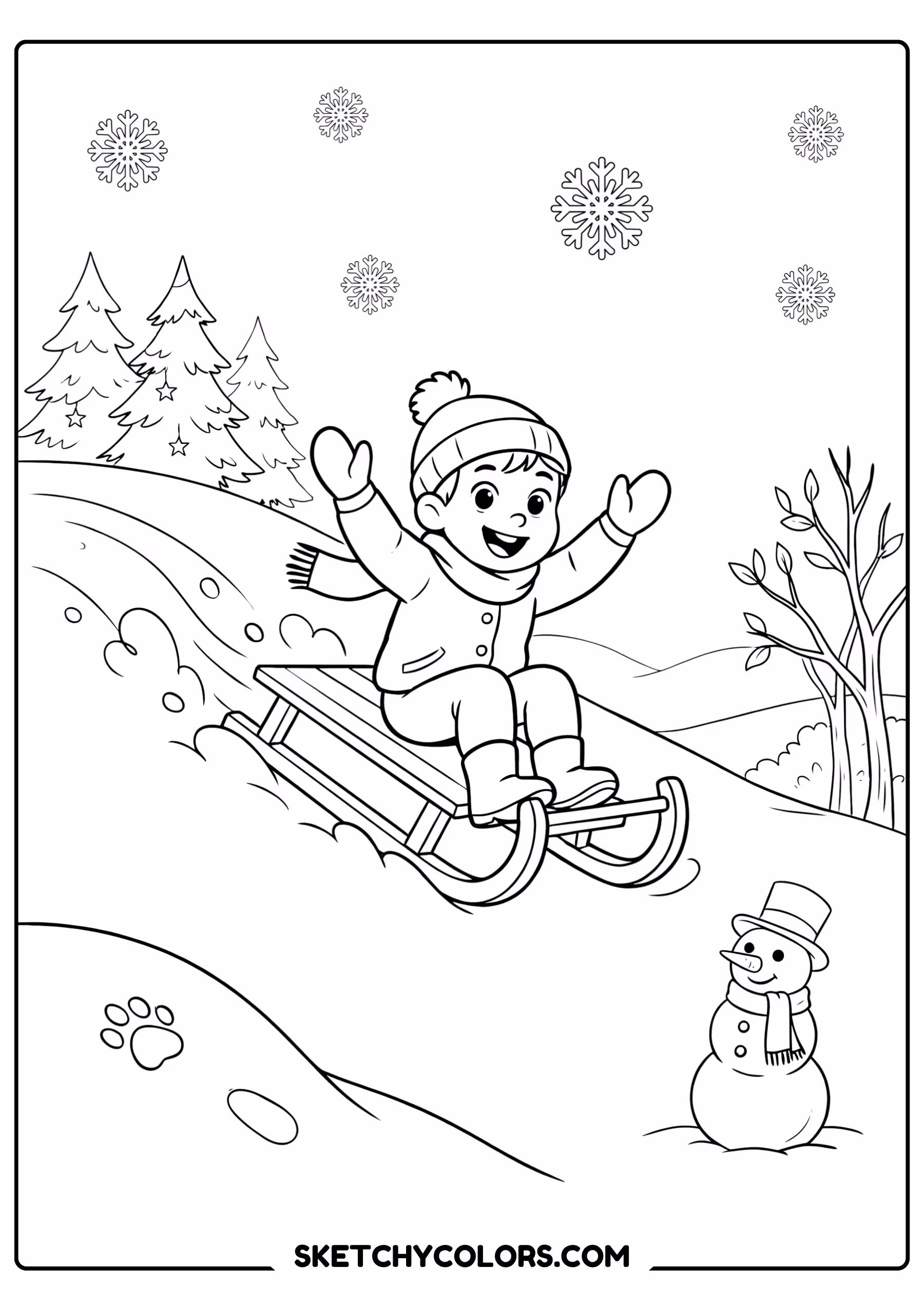 winter sled ride coloring page printable coloring sheet