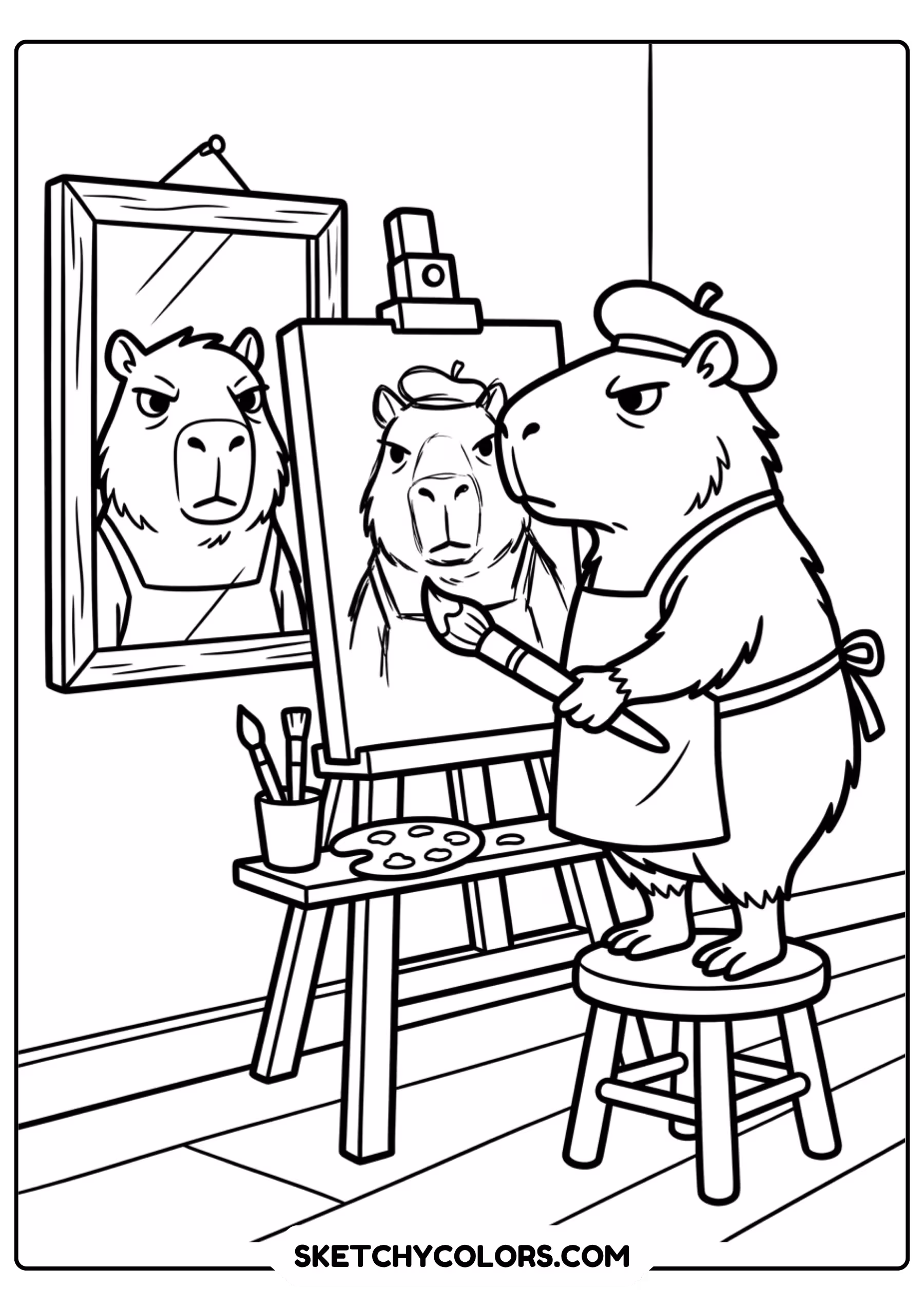 capybara window curious free printable coloring page for kids