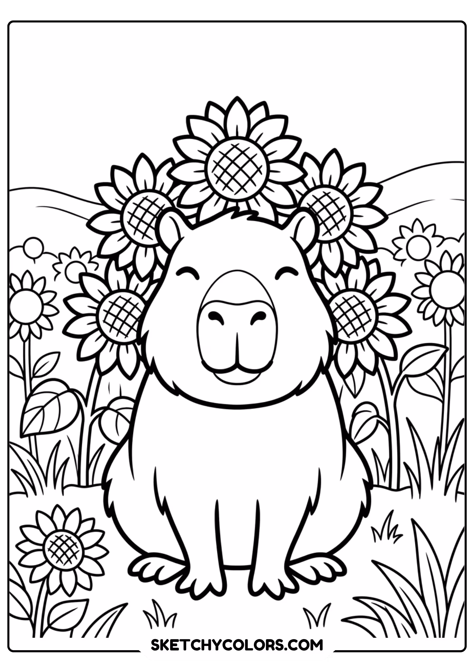 capybara sunflower face free printable coloring page for kids