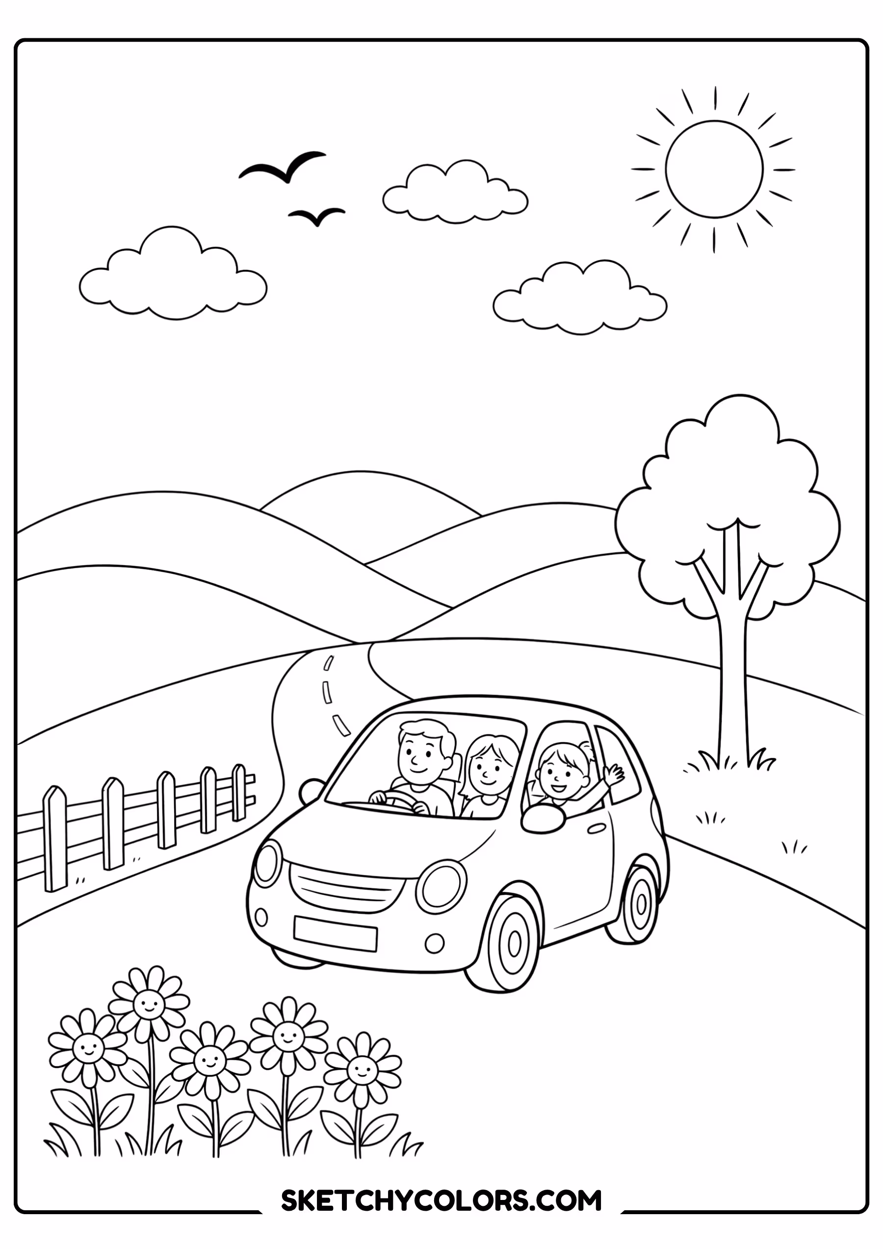 car family car in the countryside free pdf coloring page
