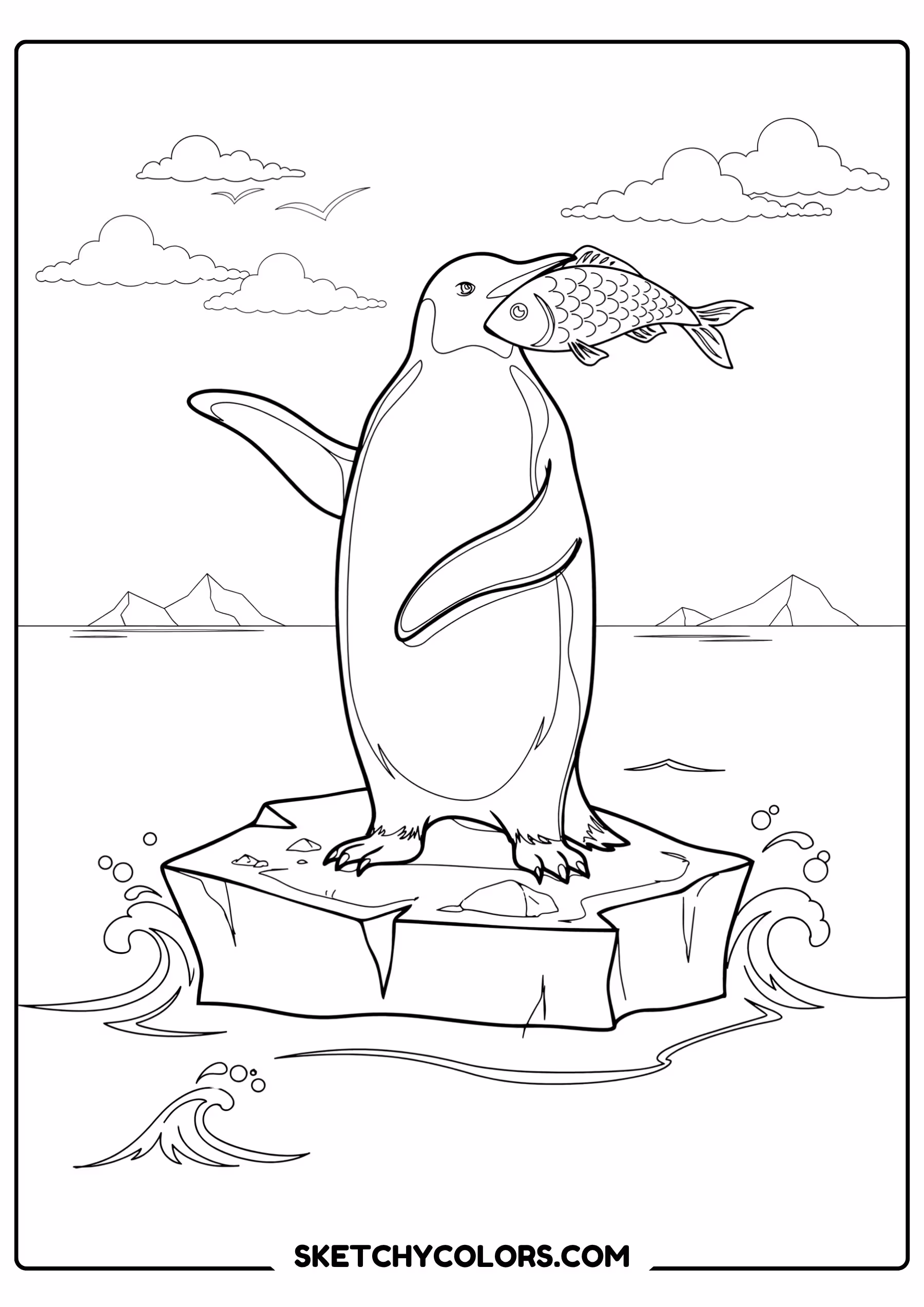 penguin with a fish free pdf coloring page