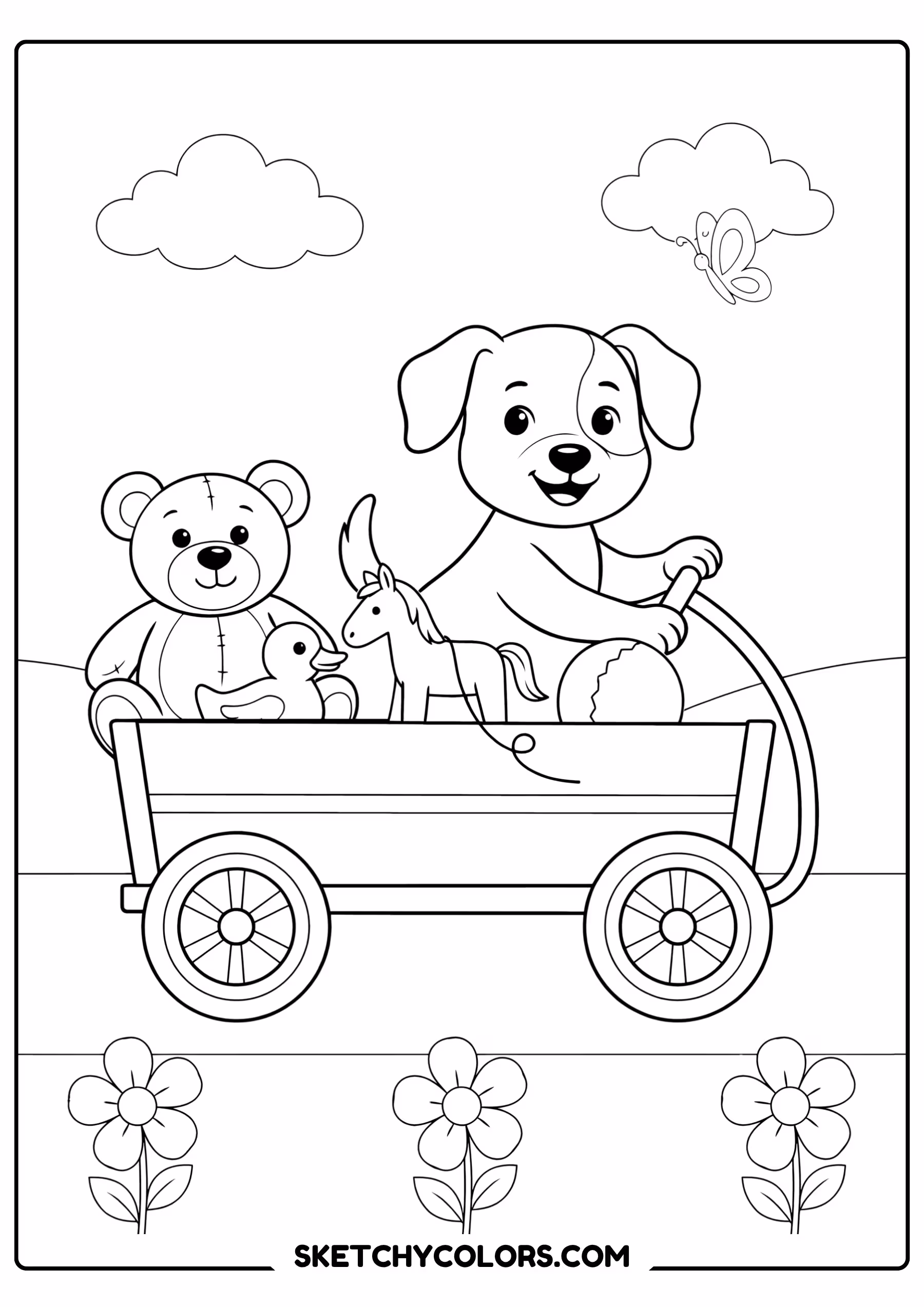 puppy in a toy wagon free pdf coloring page