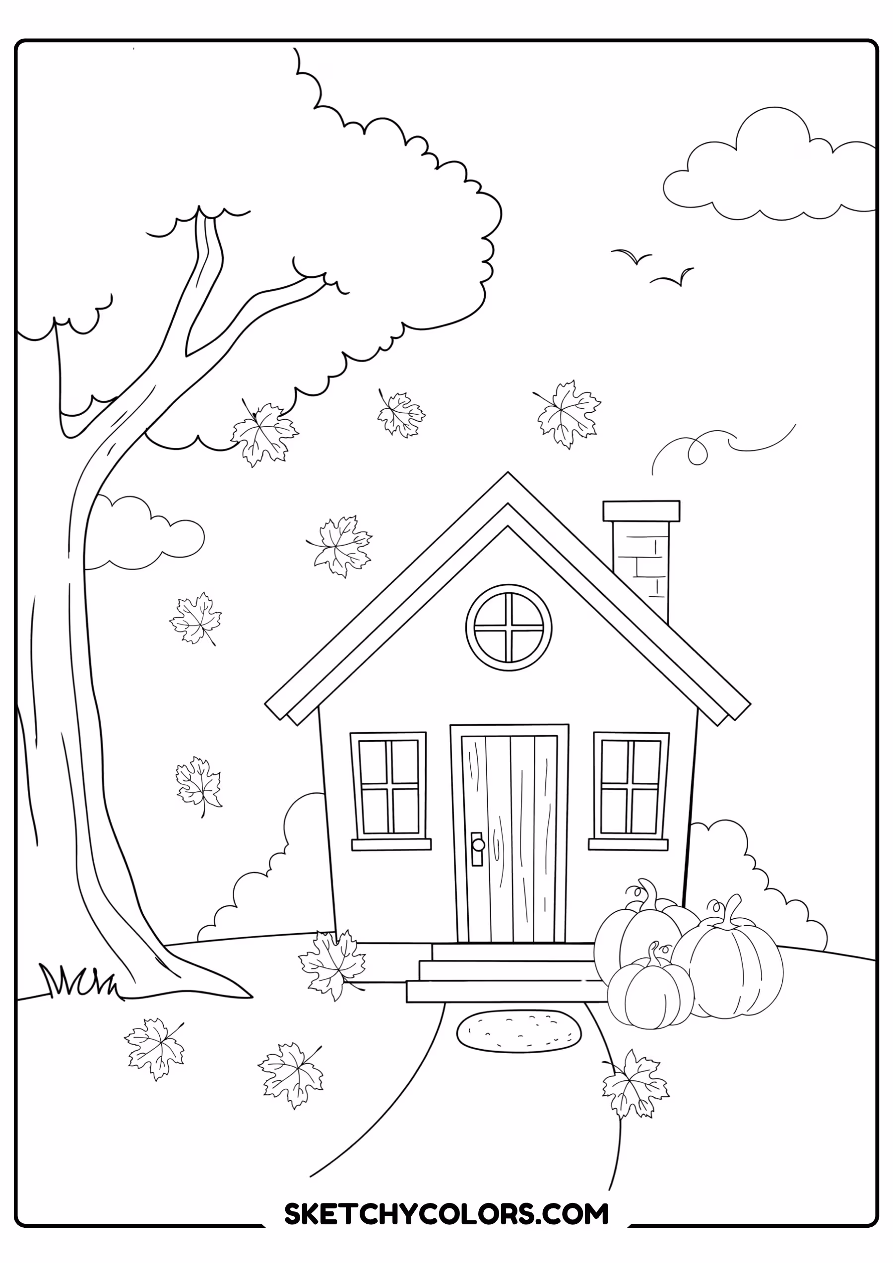 autumn coloring page cozy cottage pumpkins falling leaves free printable pdf