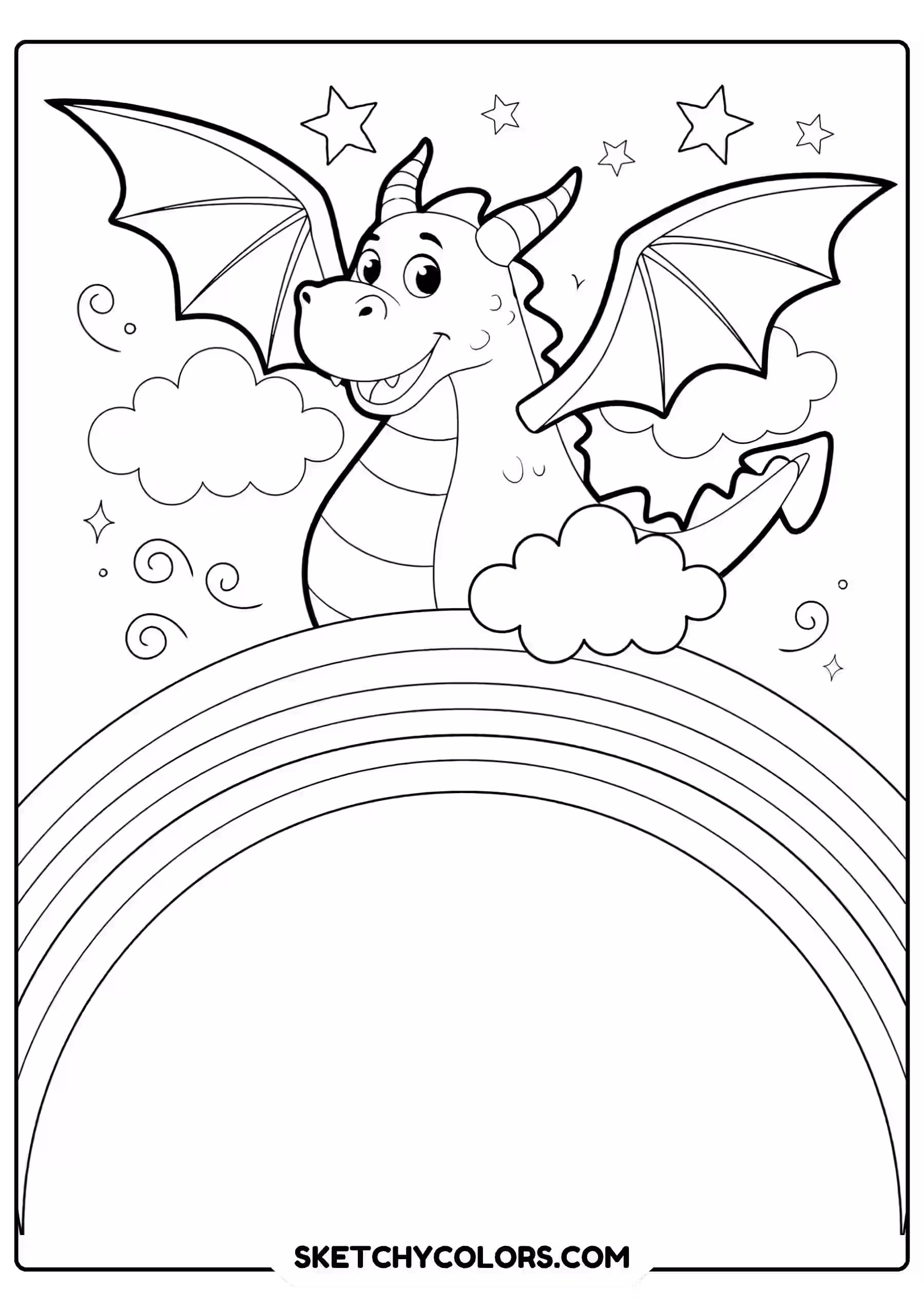 dragon coloring page flying rainbow clouds stars free printable pdf