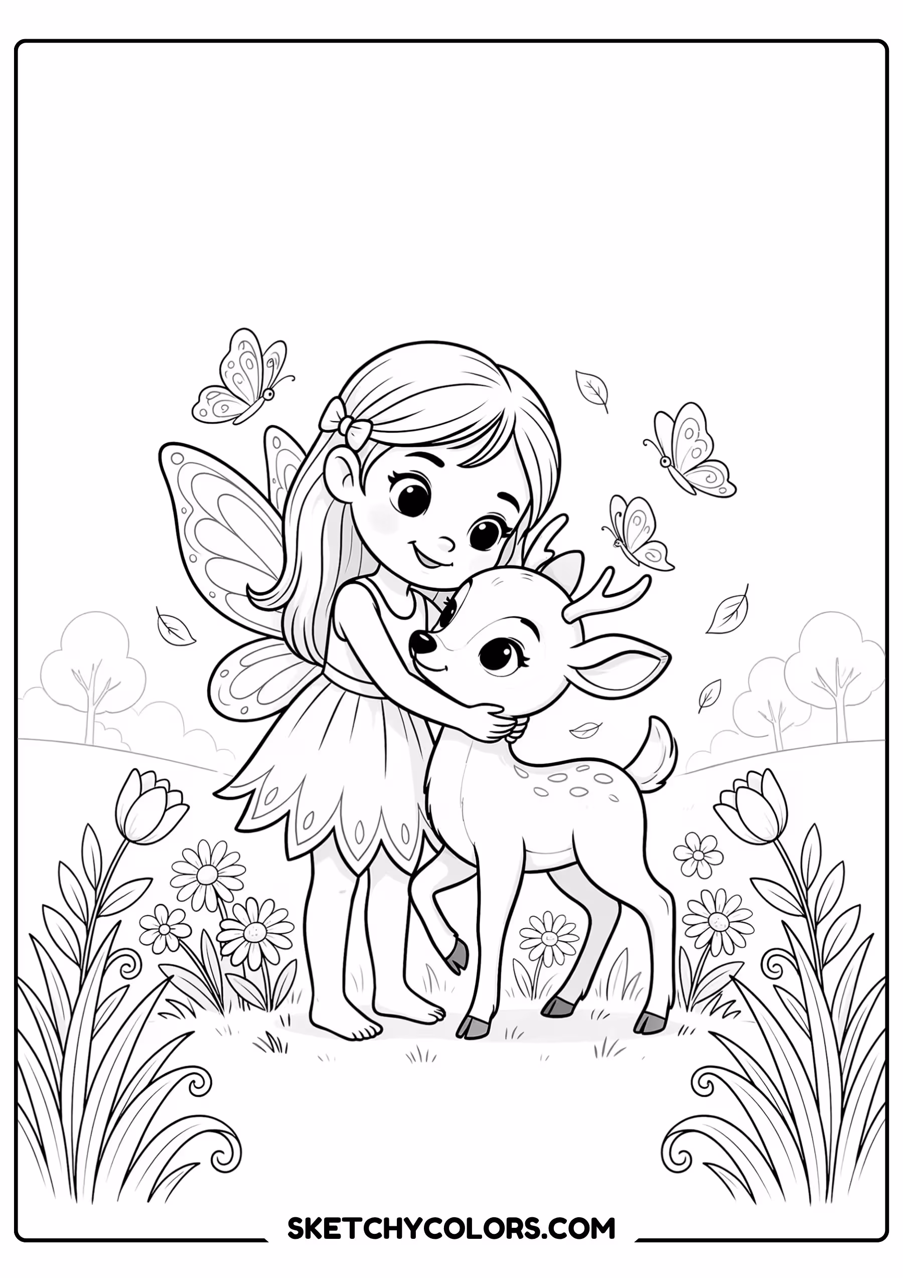 fairy coloring page woodland baby deer flowers butterflies free printable pdf