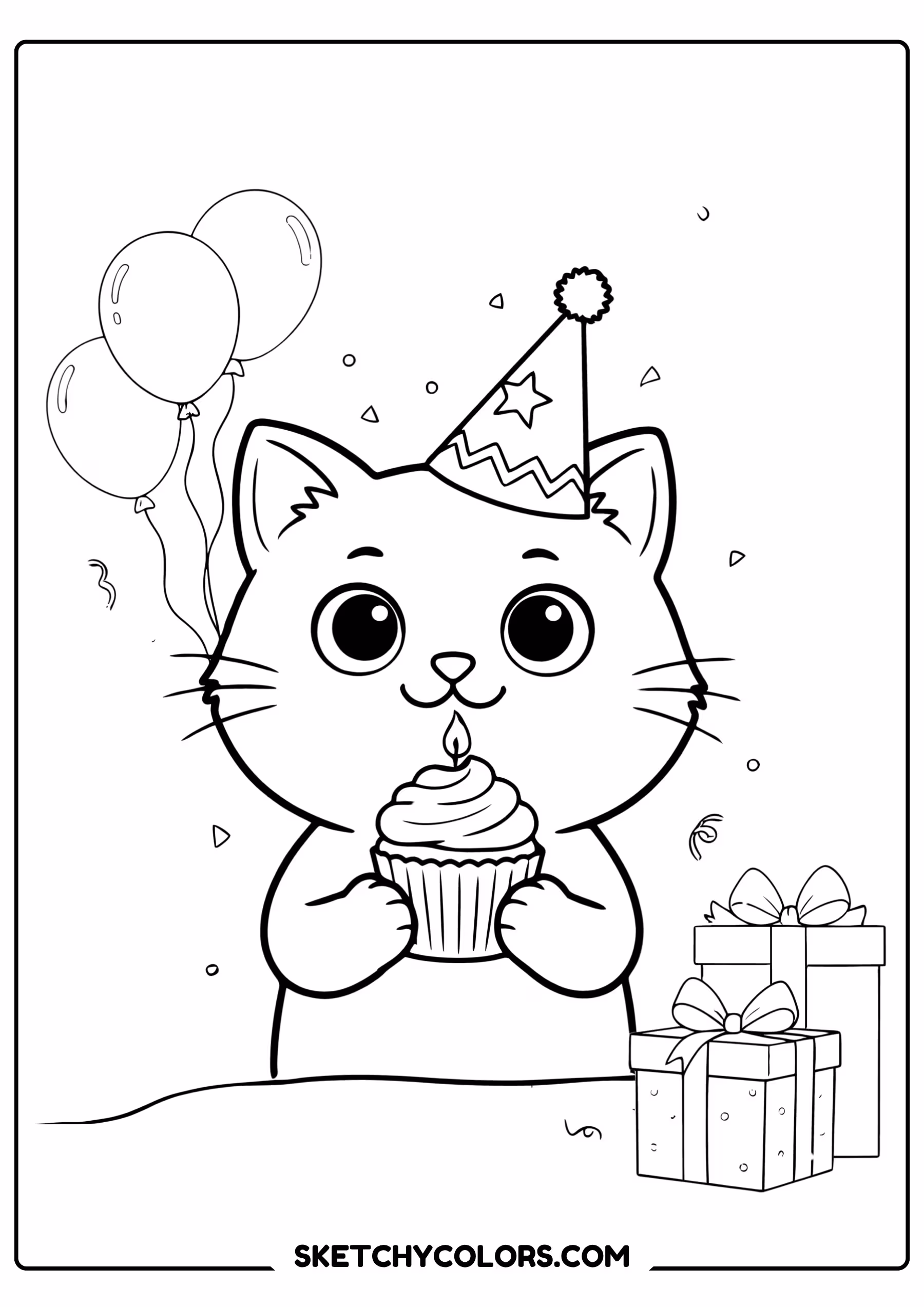 happy birthday coloring page kitten party hat cupcake free printable pdf