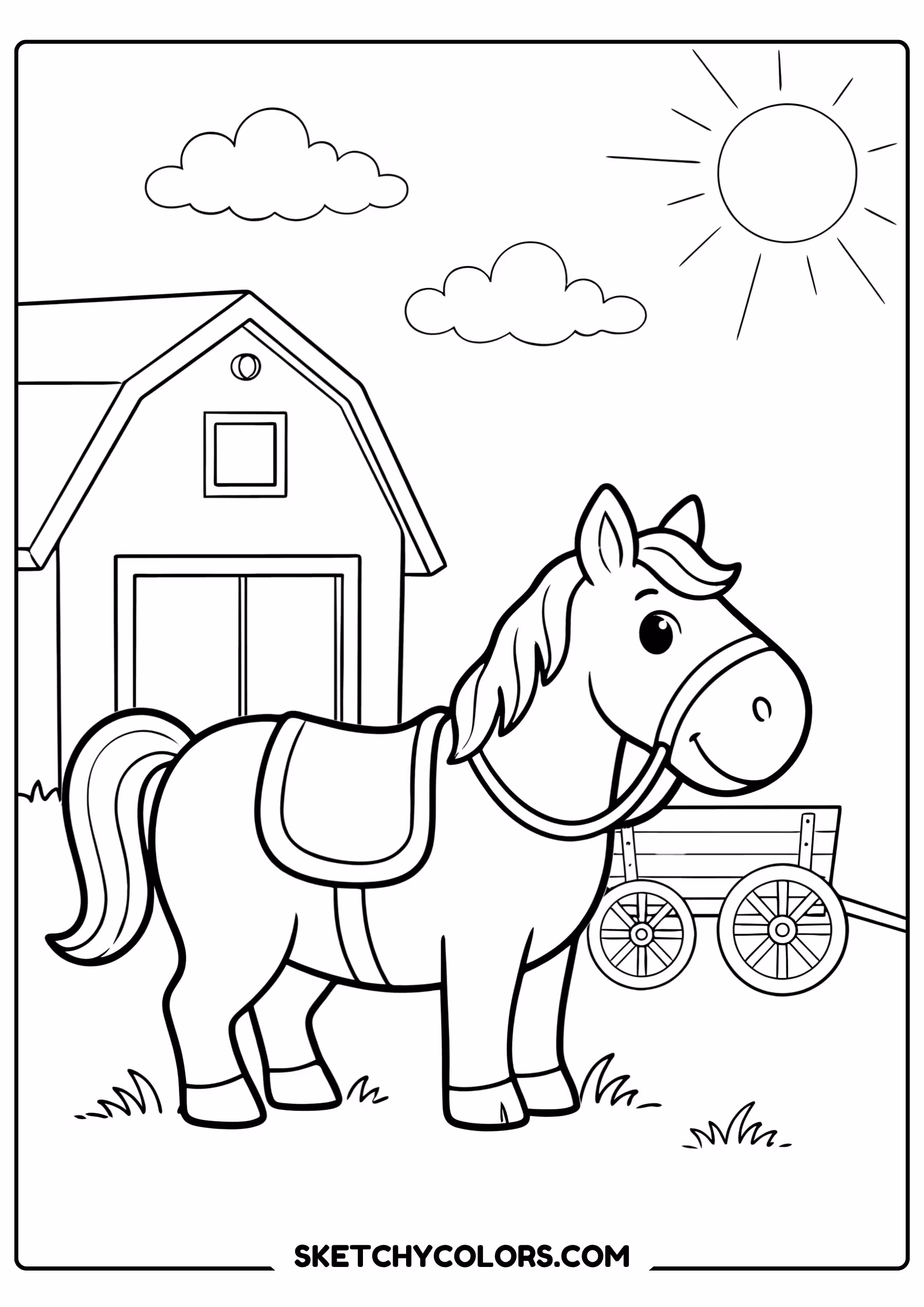 horse coloring page red barn farm free printable pdf