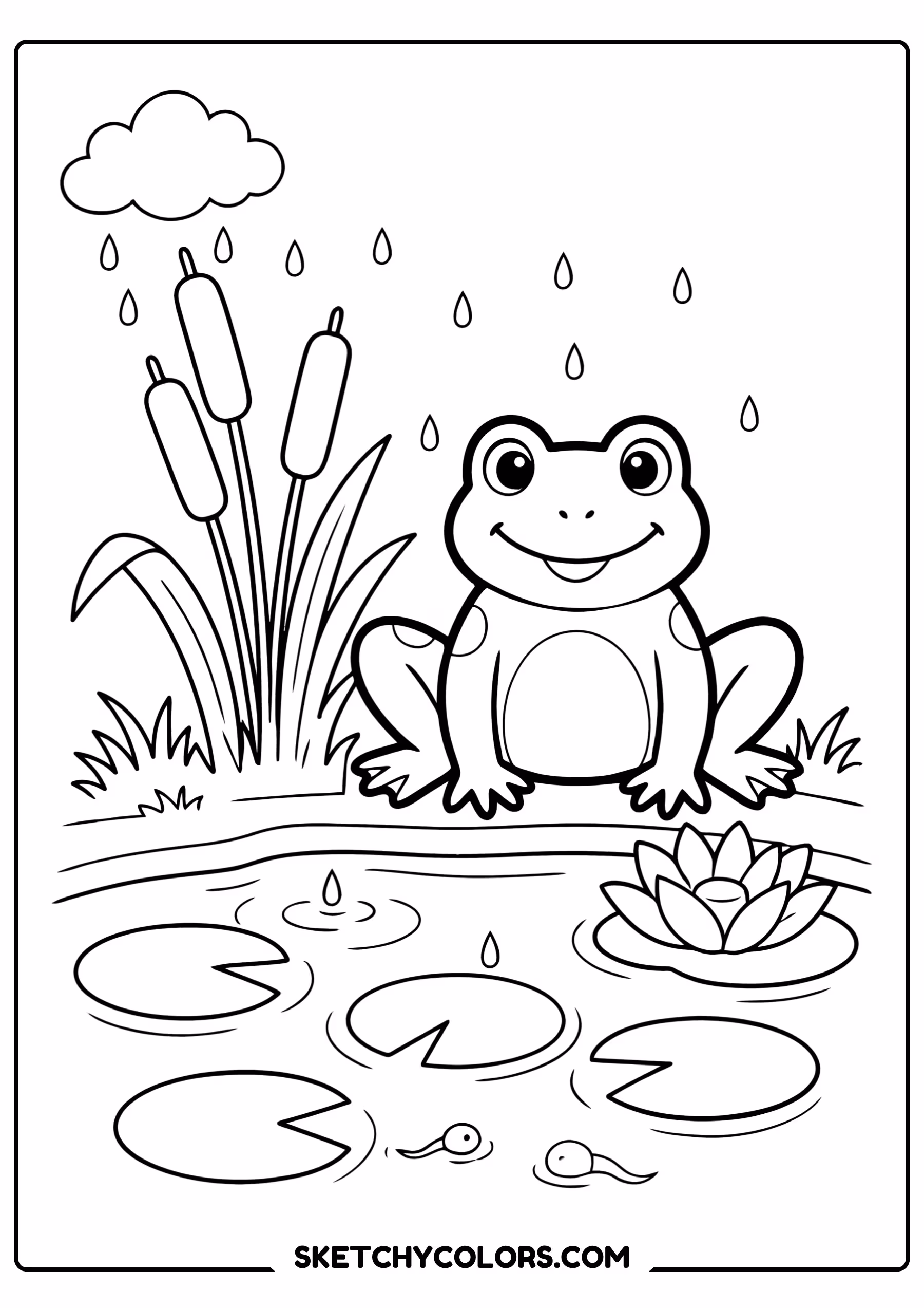 march coloring page frog rainy pond cattails free printable pdf