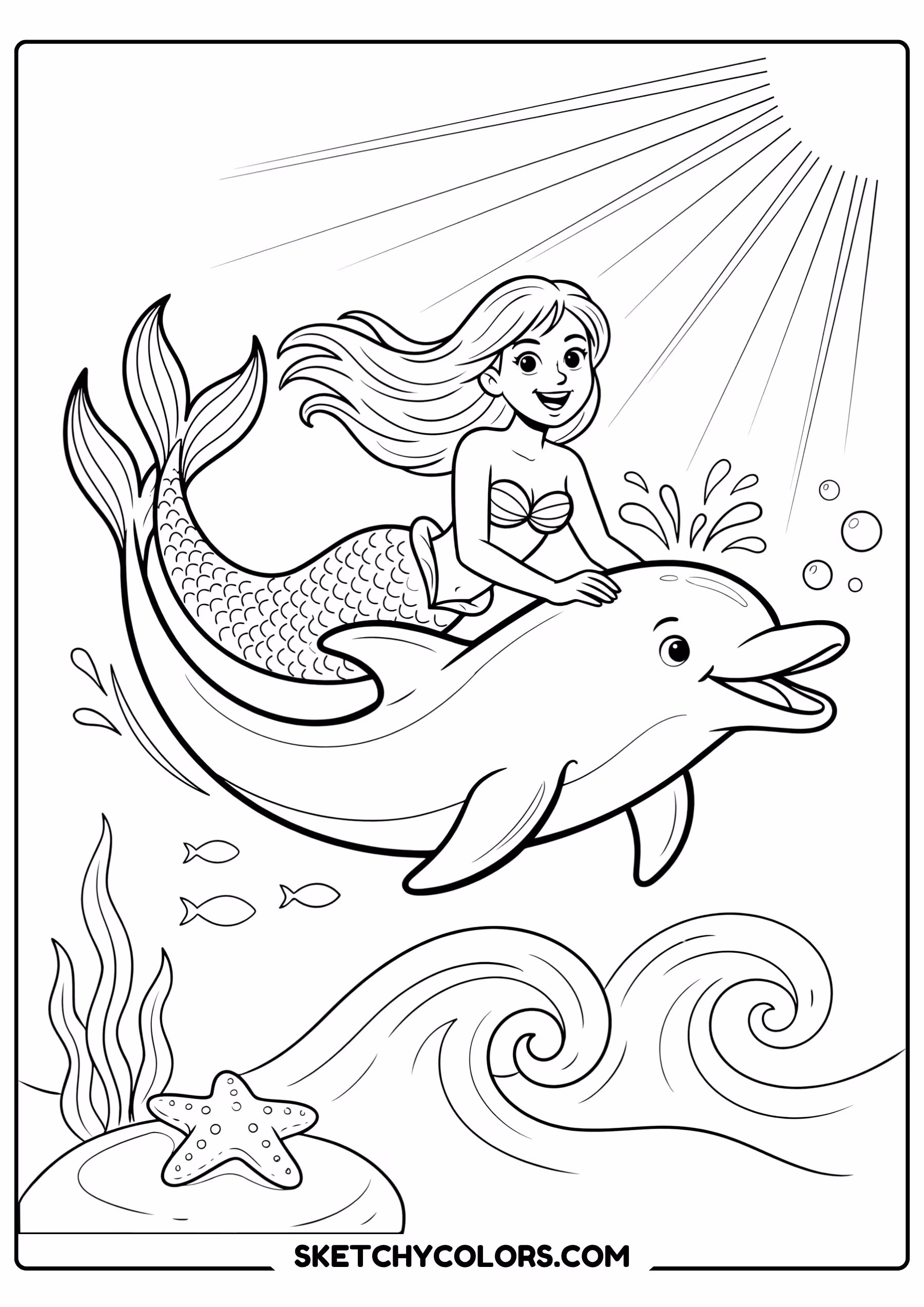 mermaid coloring page riding dolphin ocean action free printable pdf
