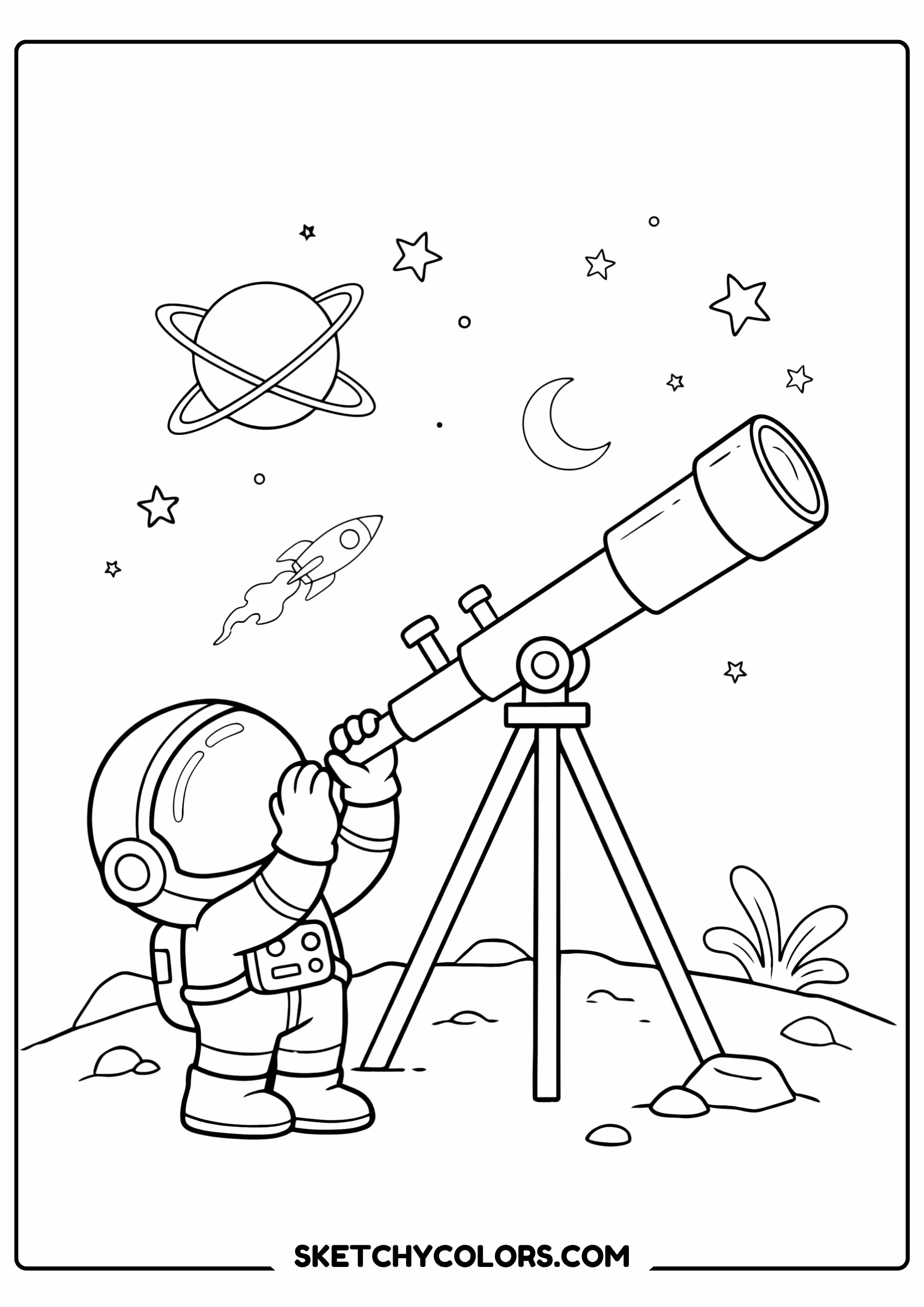 space coloring page explorer telescope planets free printable pdf