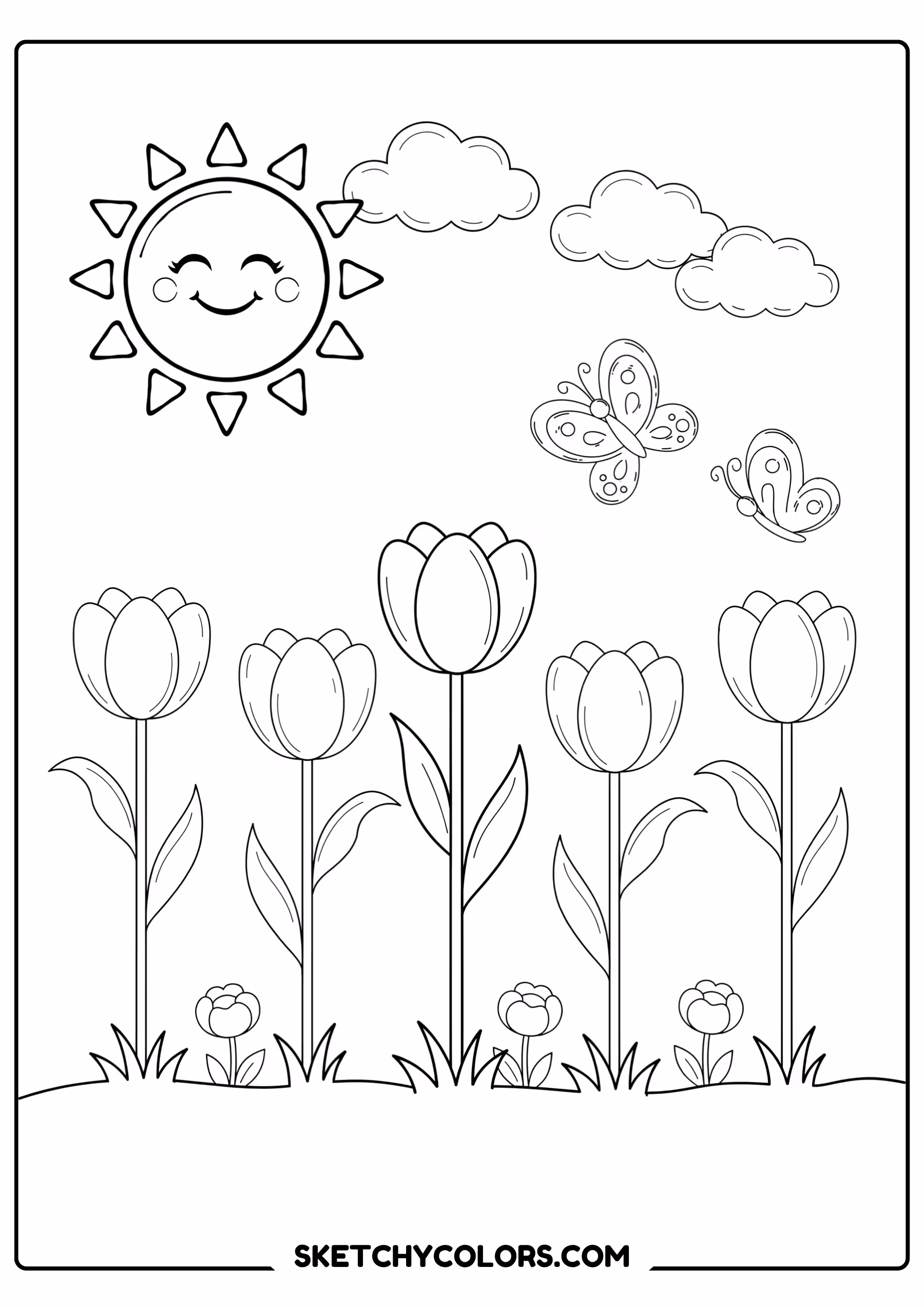 spring coloring page smiling sun garden tulips free printable pdf