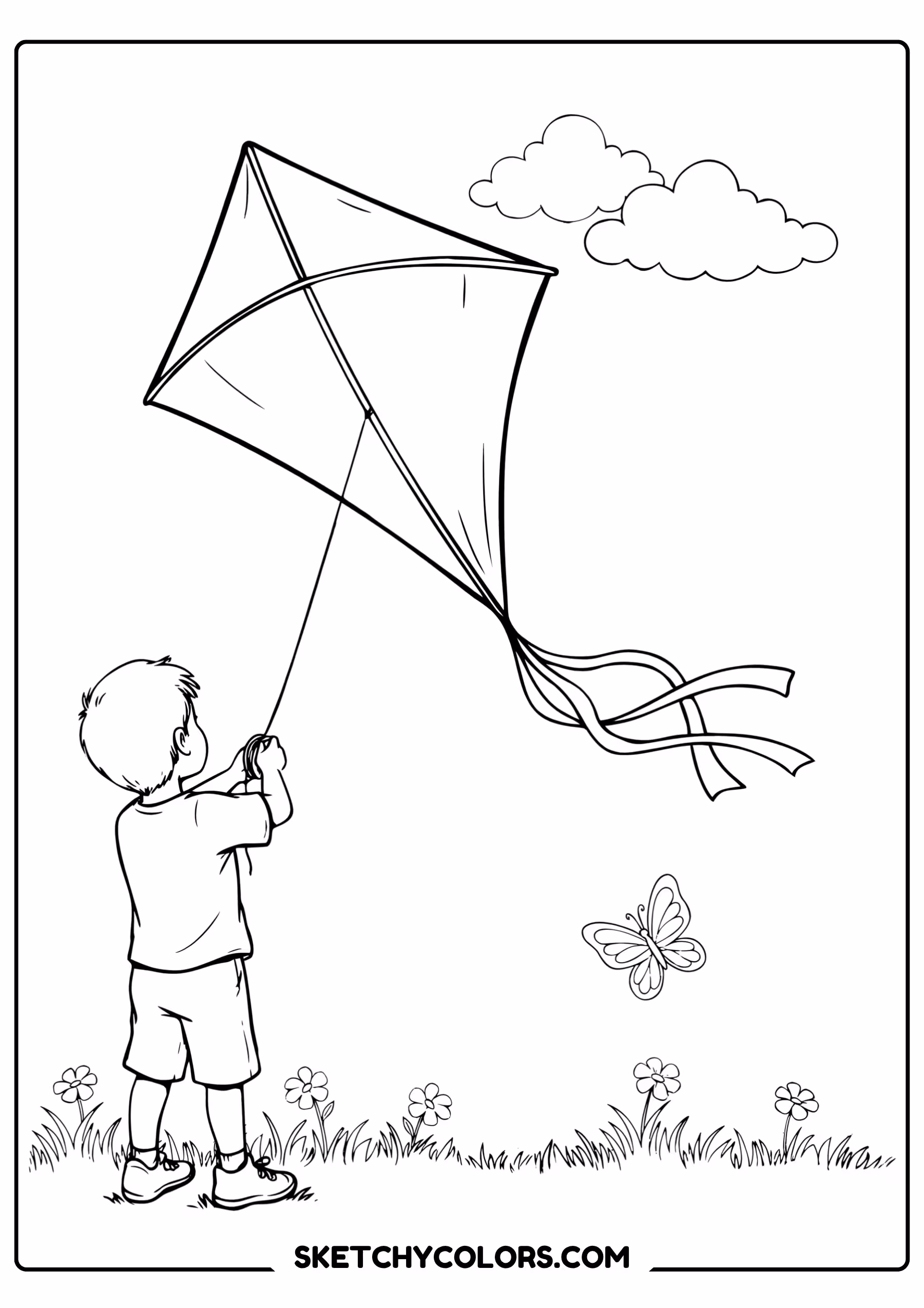 summer coloring page child flying kite breezy day free printable pdf