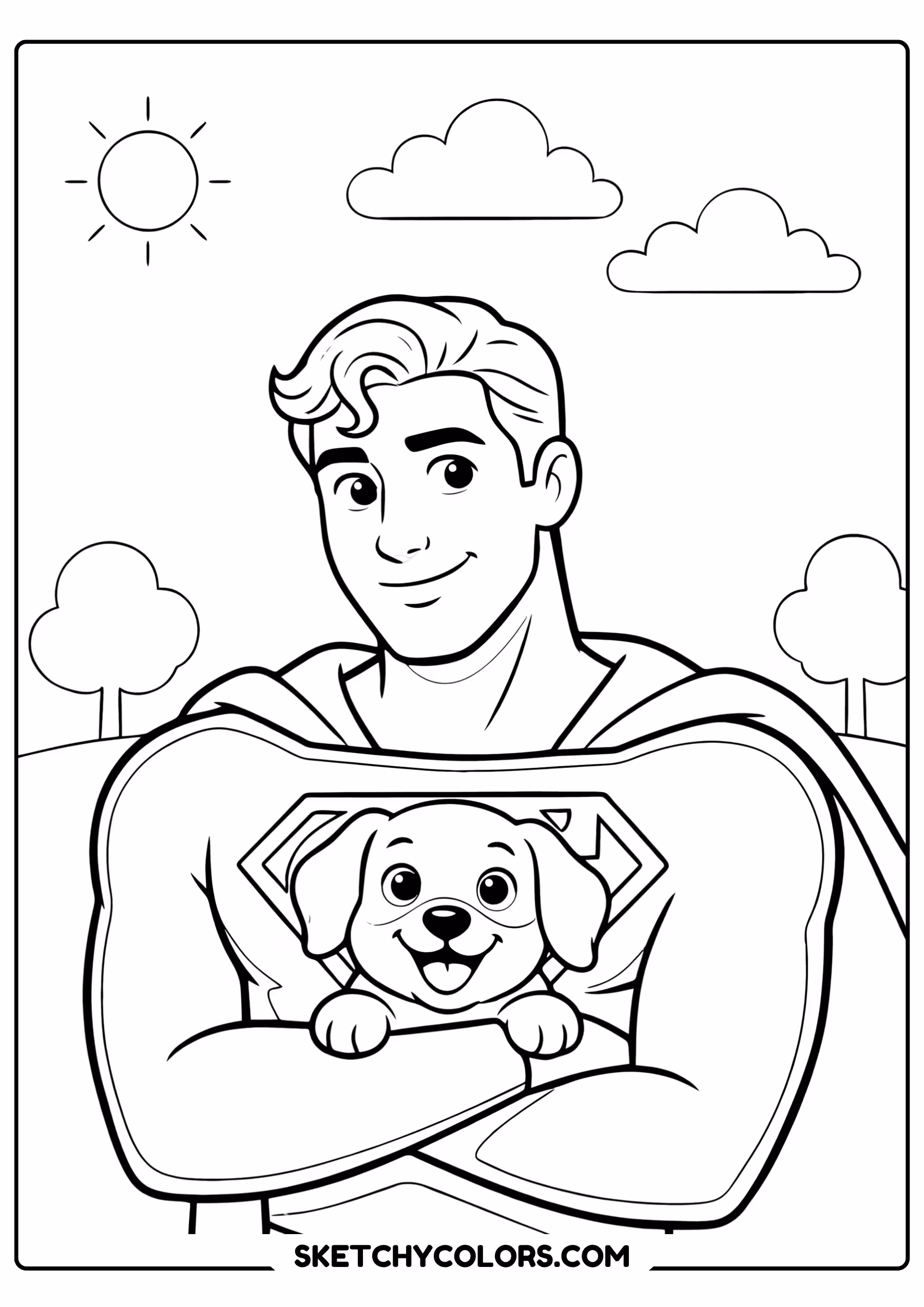 superman rescuing puppy coloring page free printable for kids