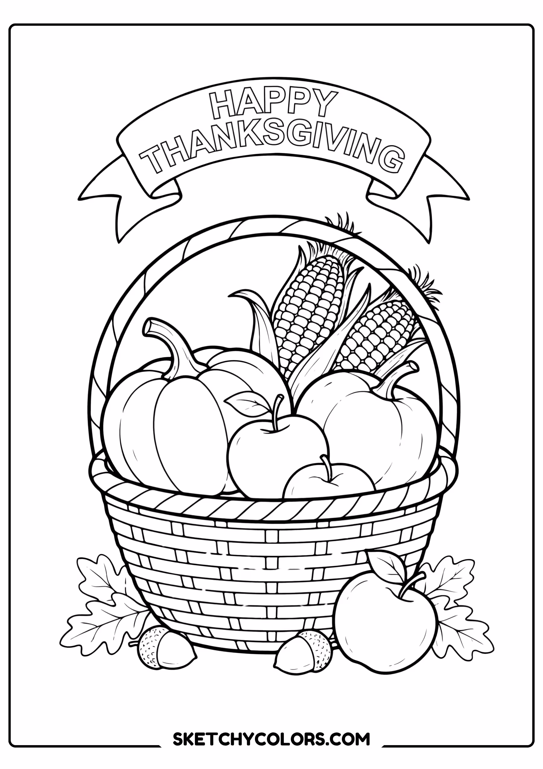thanksgiving coloring page harvest basket apples pumpkins corn free printable pdf