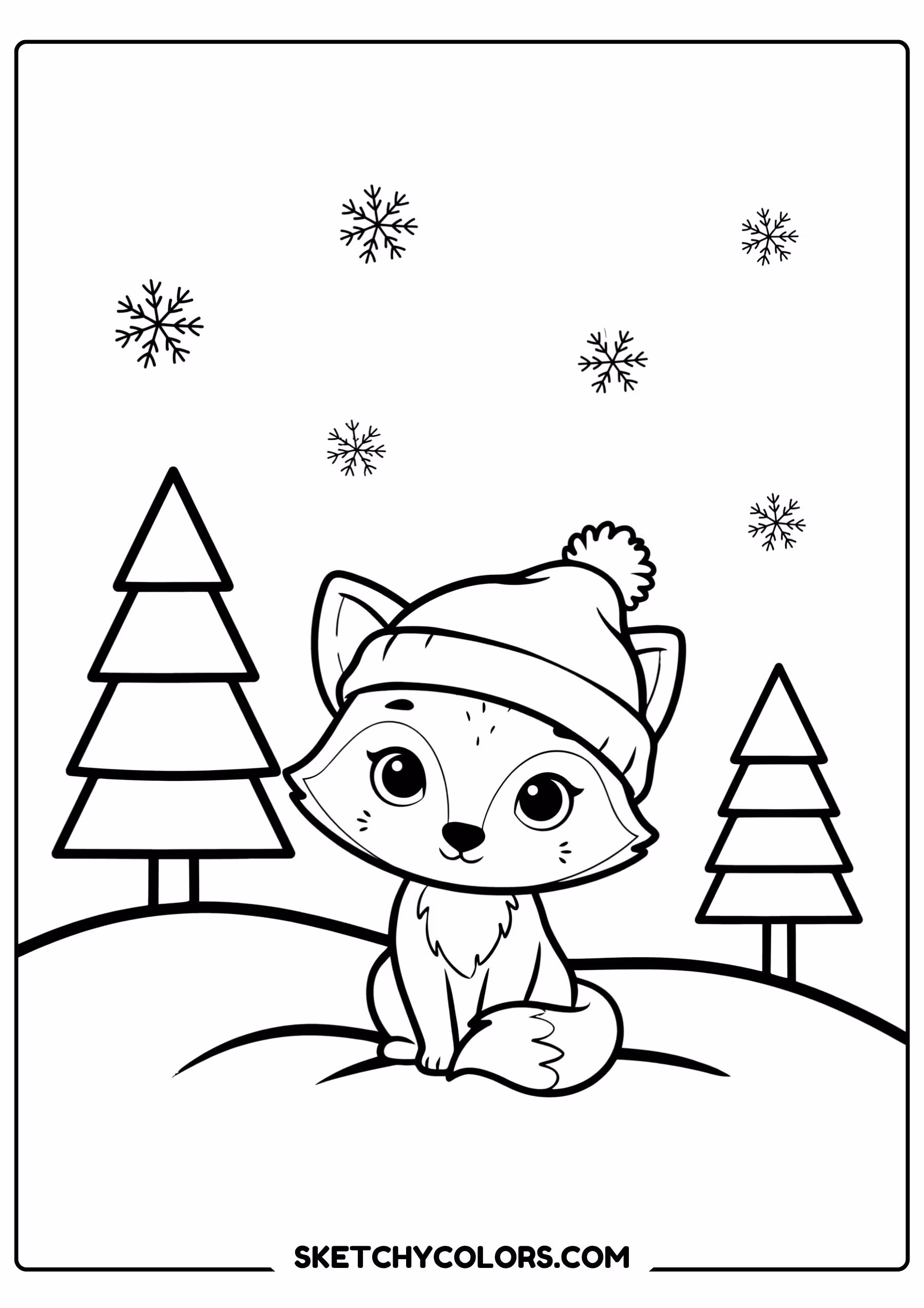 winter fox snow coloring page free printable pdf