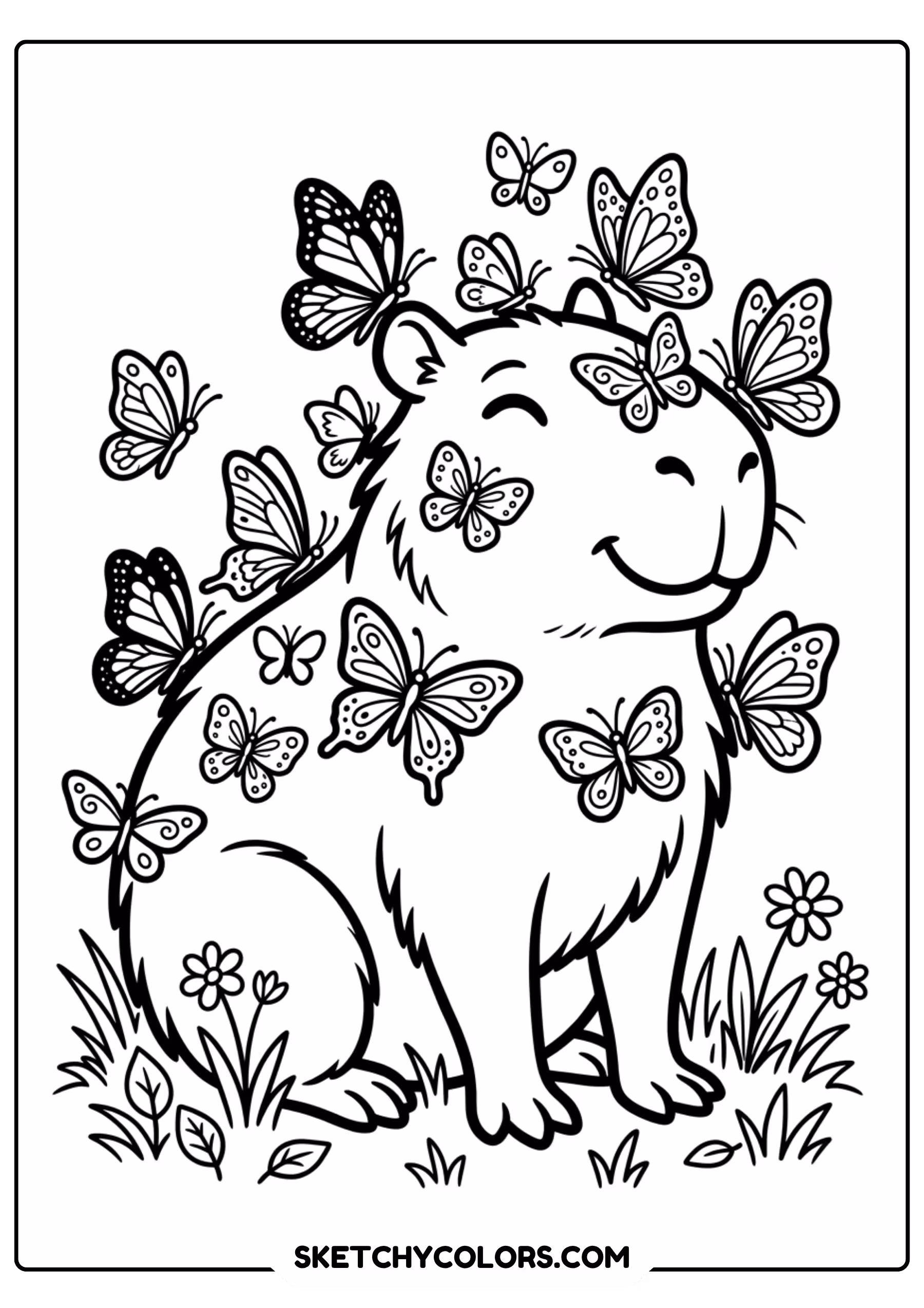 printable capybara coloring pages - capybara covered in butterflies