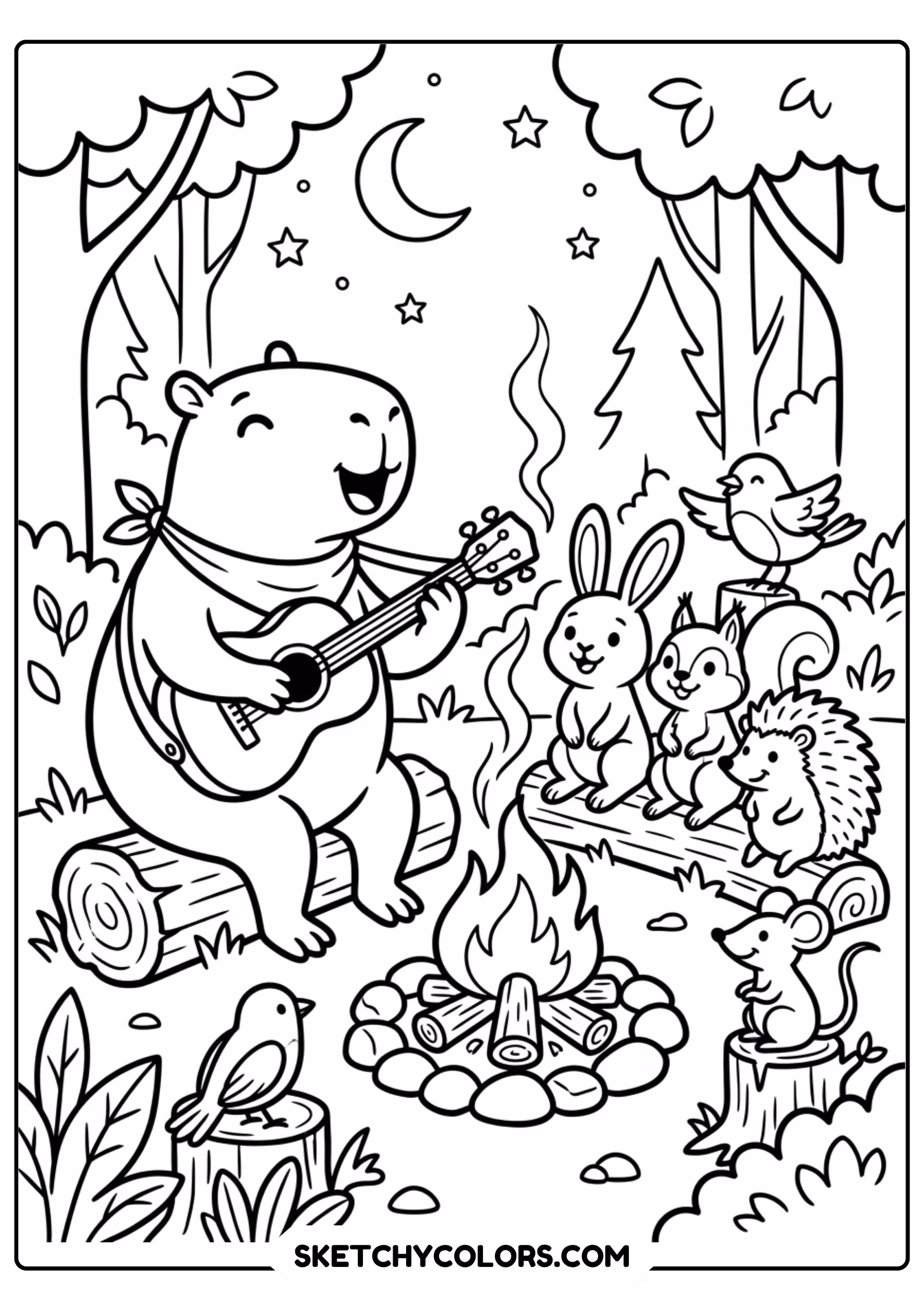 capybara guitar nature outdoors free printable coloring page for kids