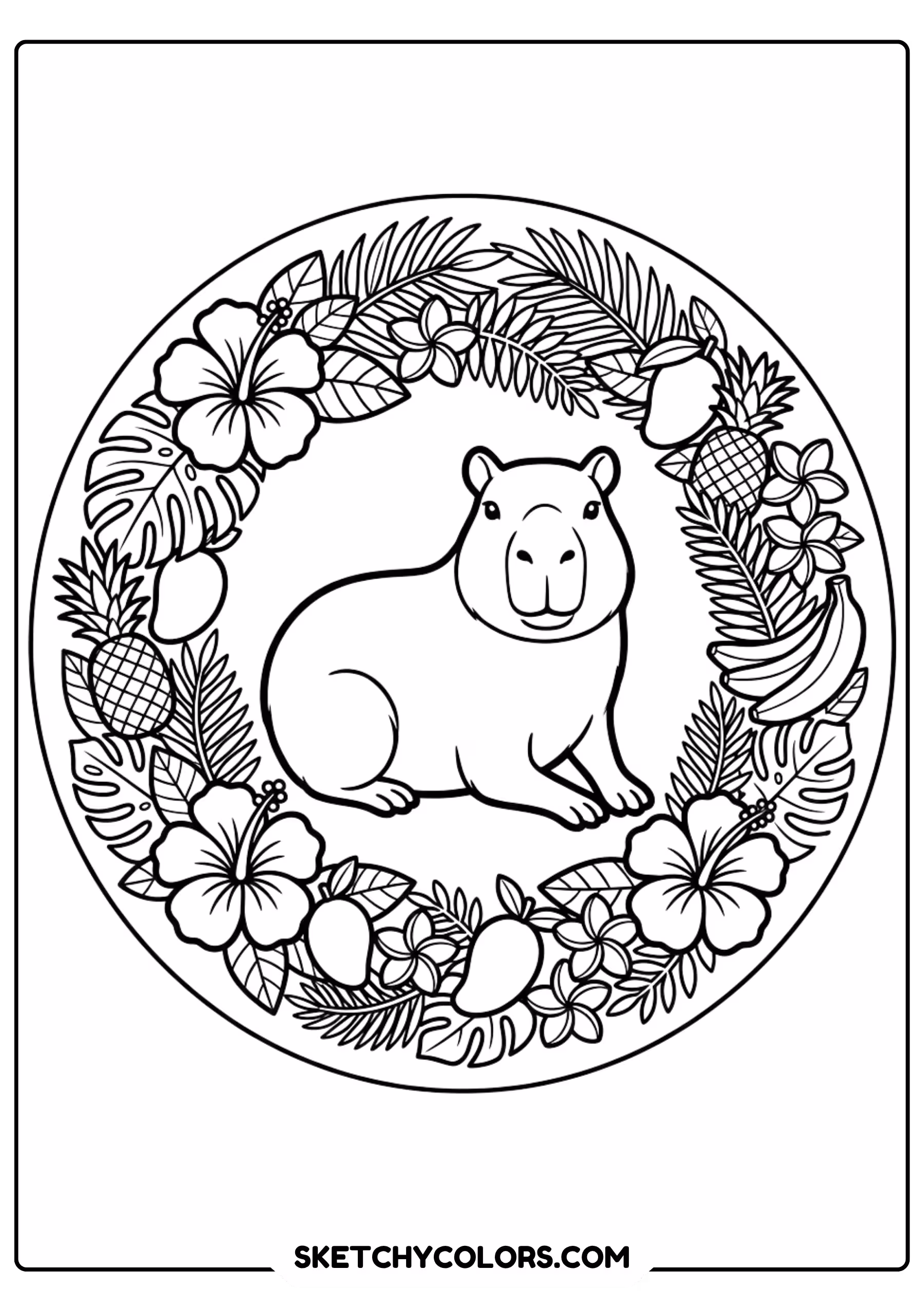 capybara tropical wreath frame free printable coloring page for kids