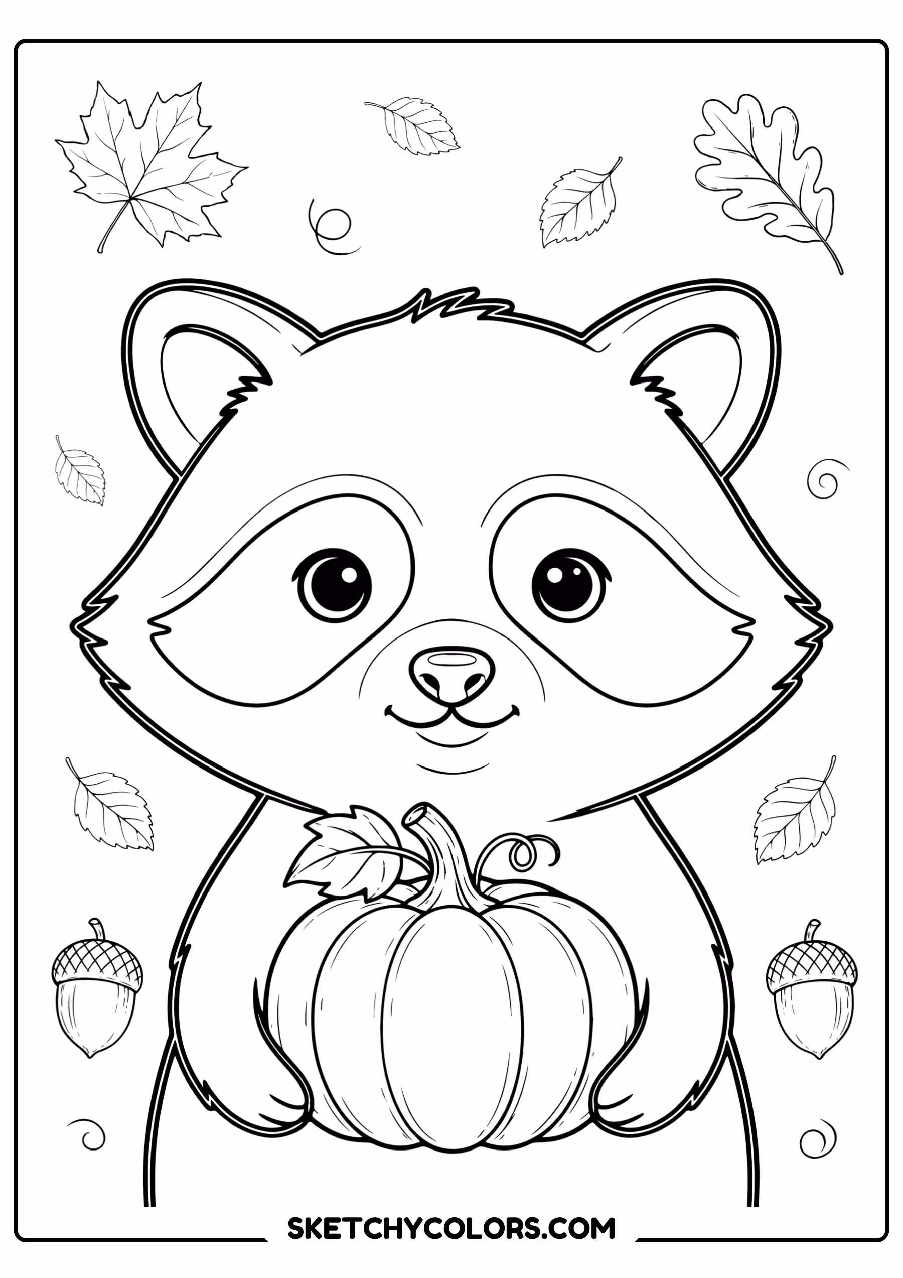 autumn coloring page raccoon pumpkin acorns free printable for kids