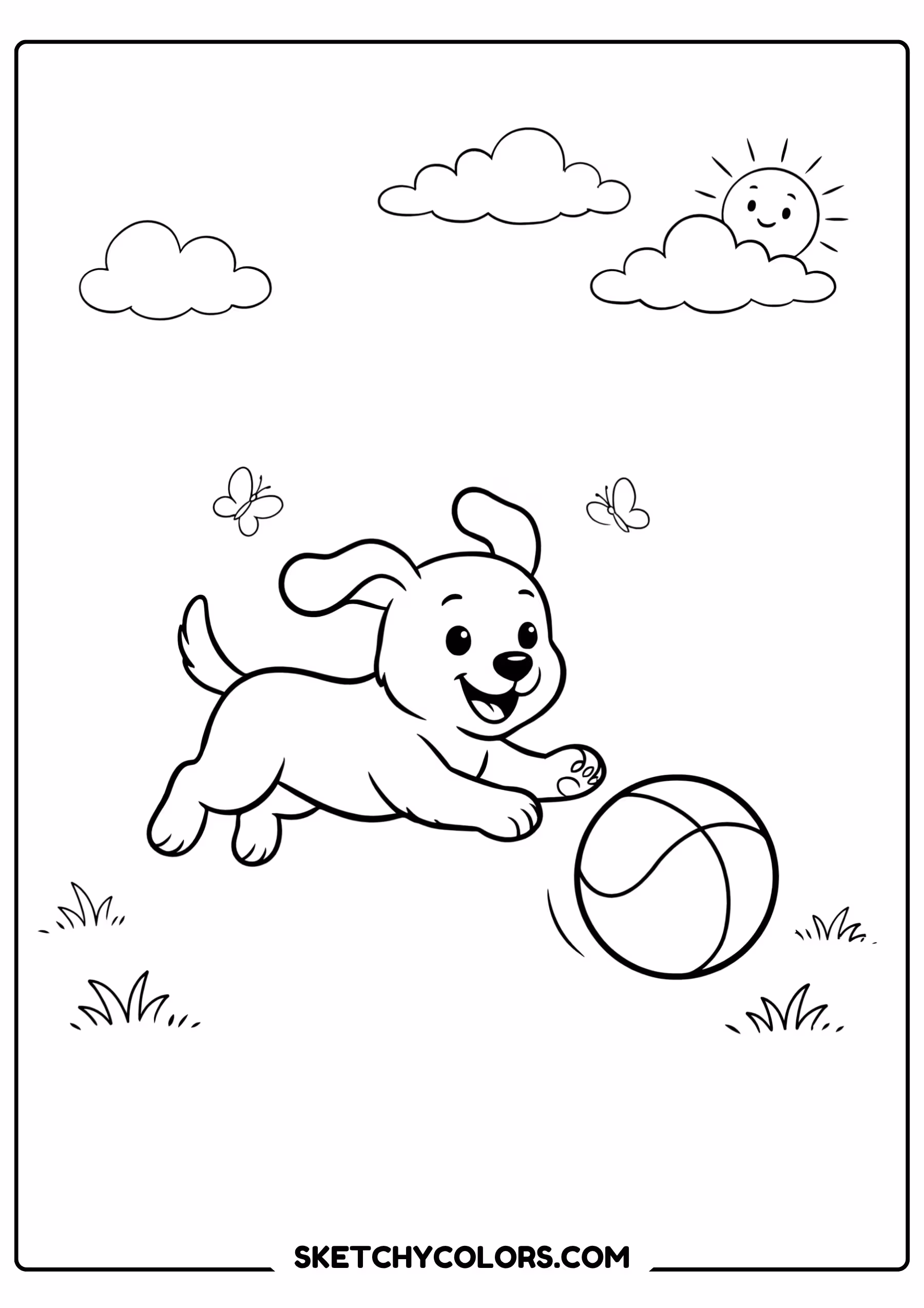 dog coloring page puppy playing ball free printable for kids