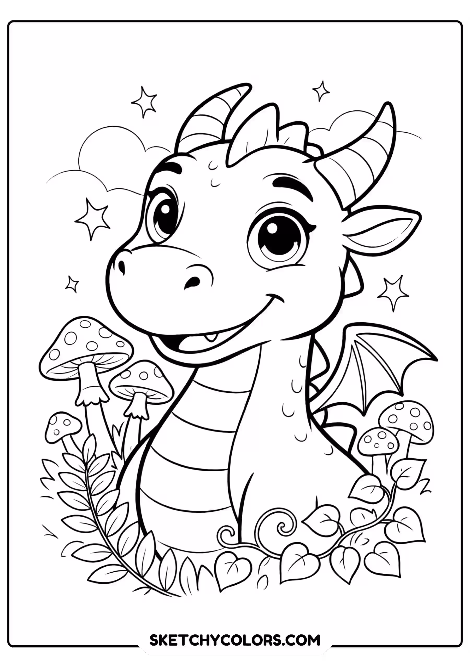 dragon coloring page enchanted forest mushrooms plants free printable for kids