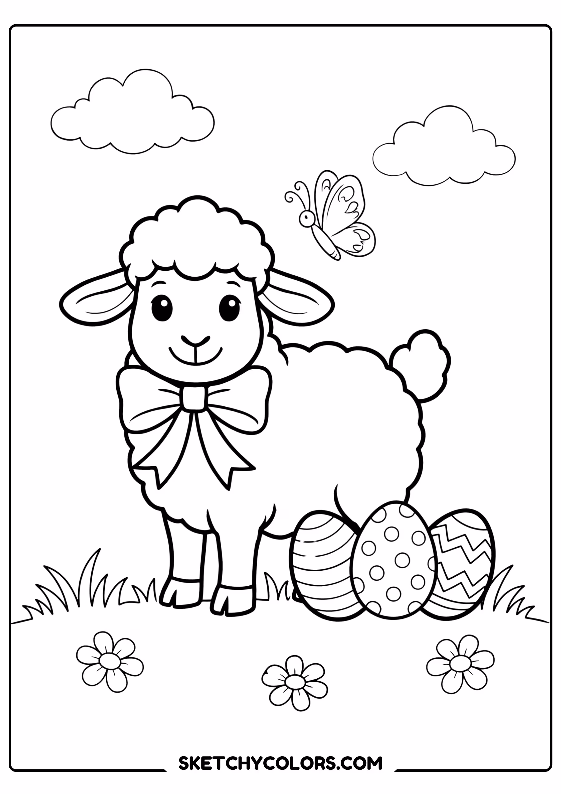easter coloring page lamb ribbon eggs free printable for kids