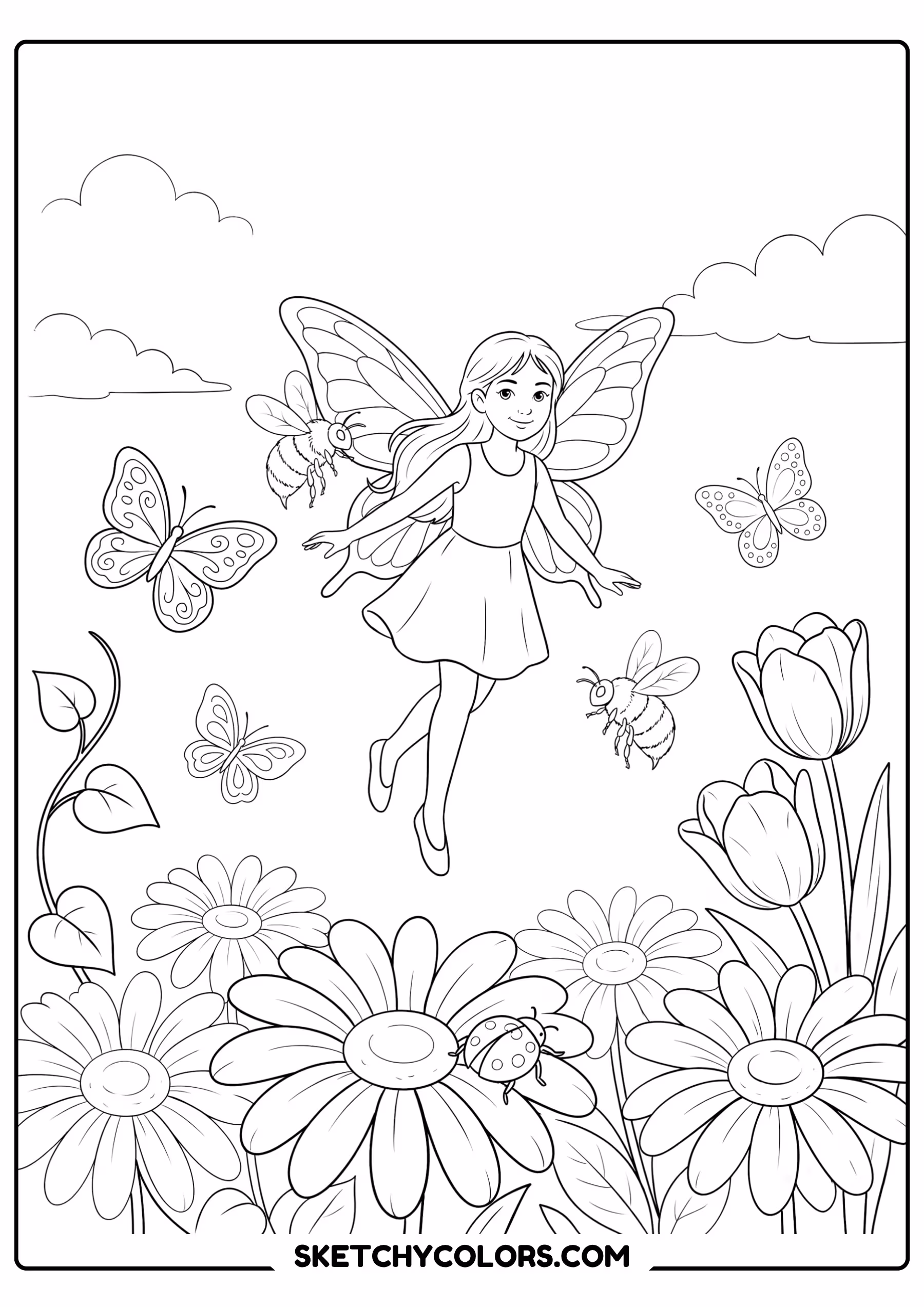 fairy coloring page flying flower garden bees butterflies free printable for kids