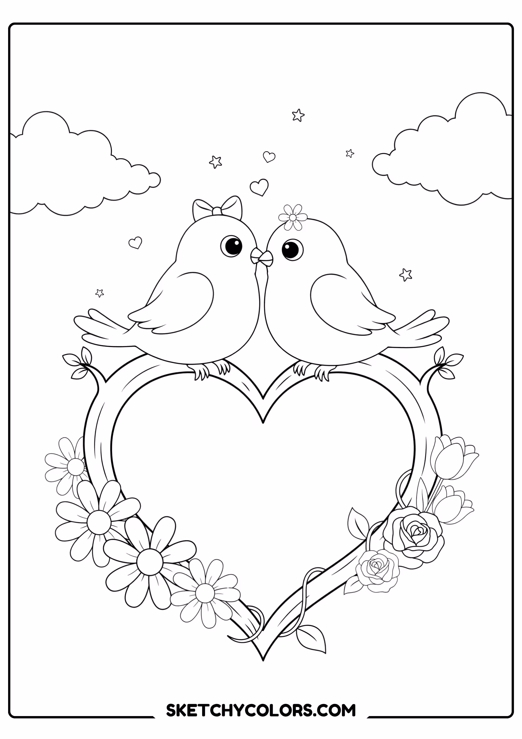 february coloring page lovebirds heart branch free printable for kids