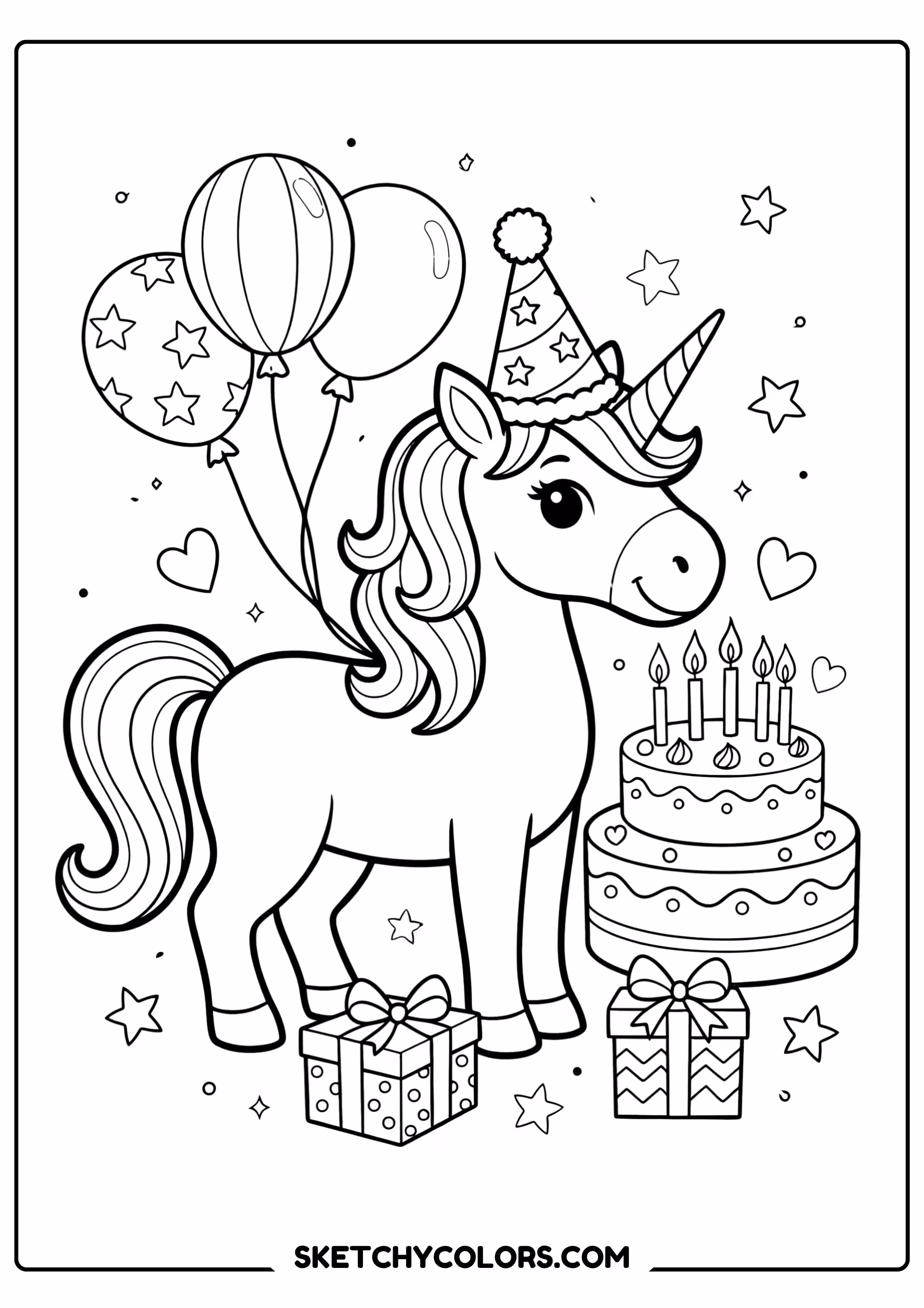 happy birthday coloring page unicorn party hat cake free printable for kids