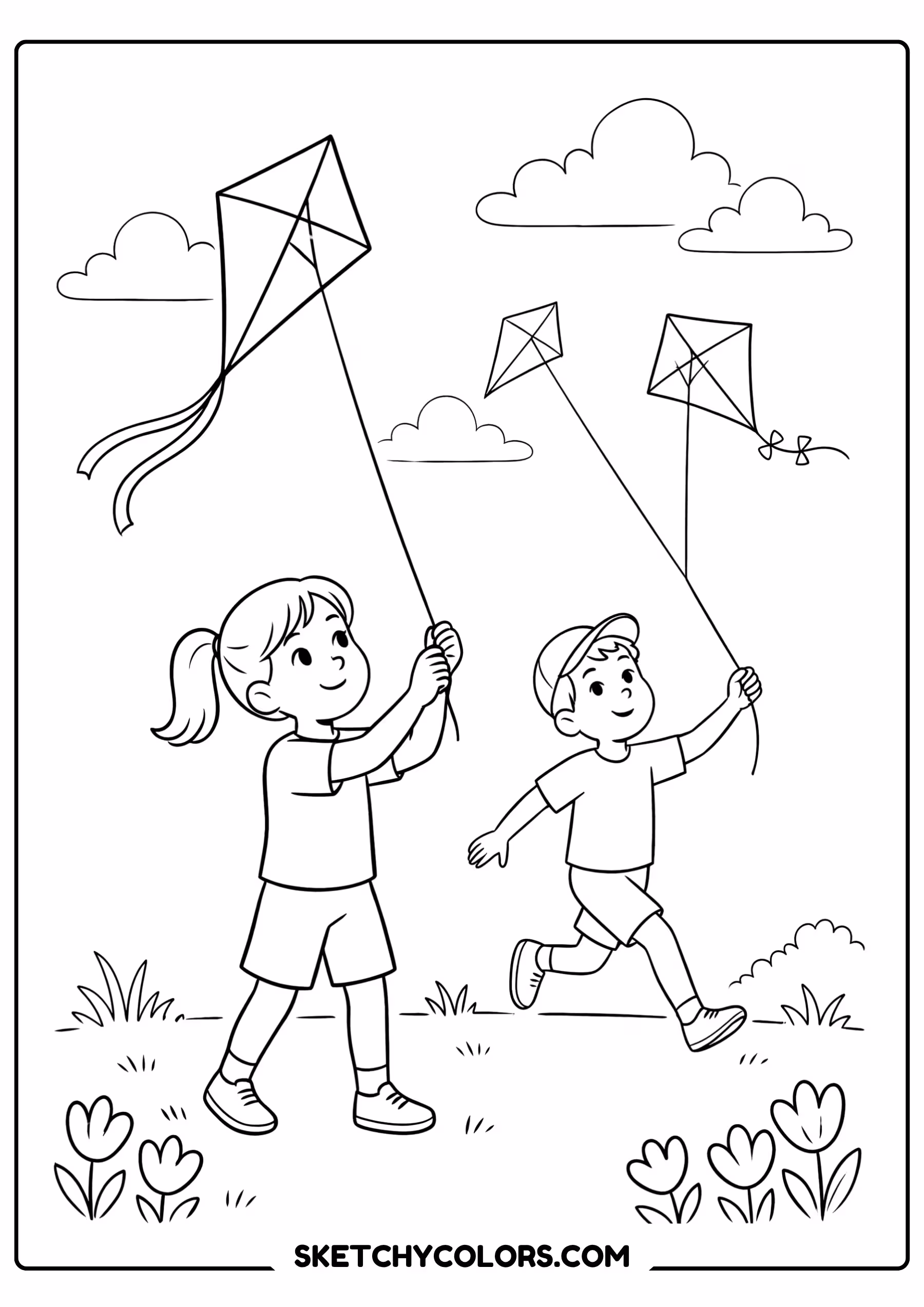 march coloring page children flying kites windy park free printable for kids