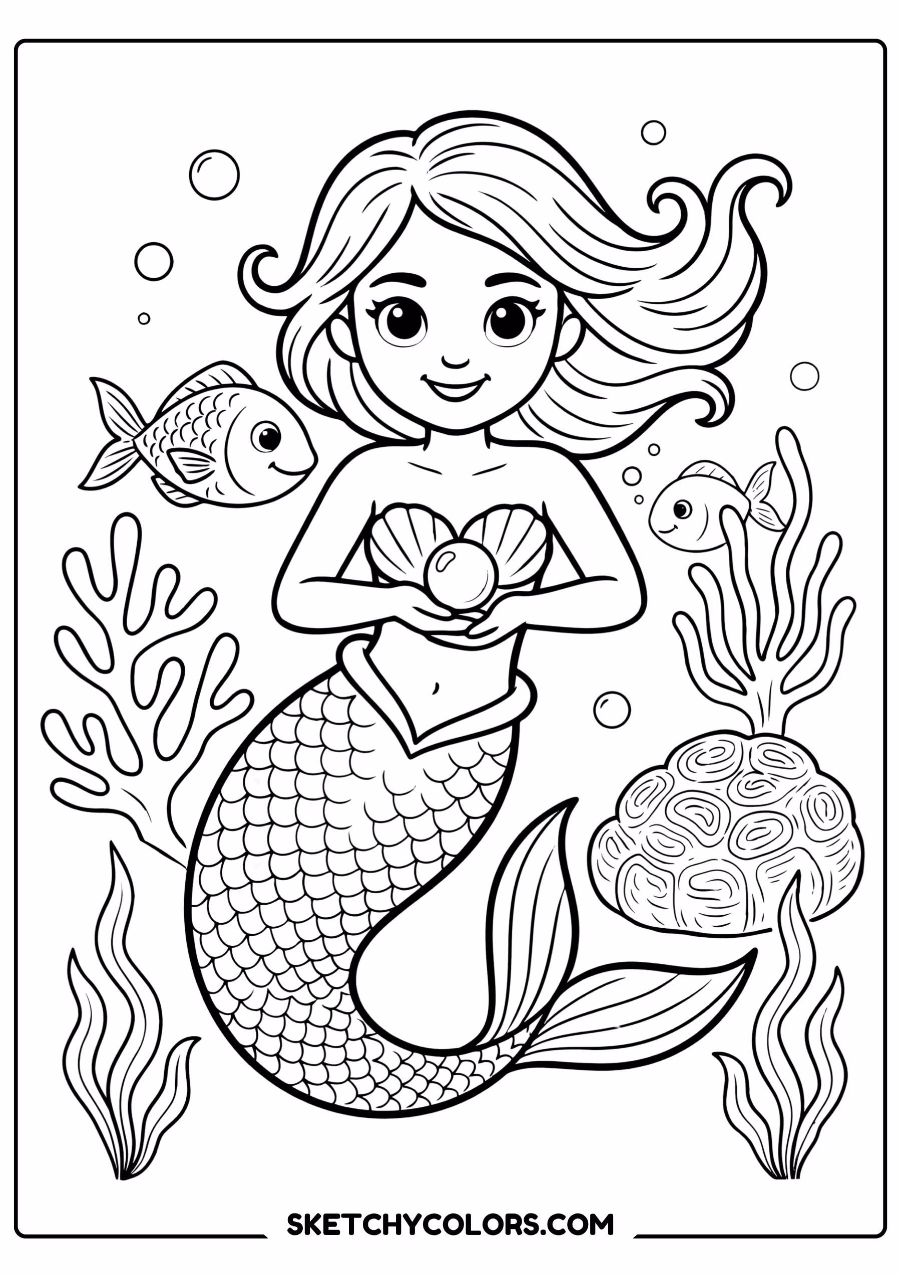 mermaid coloring page holding pearl smiling fish coral free printable for kids